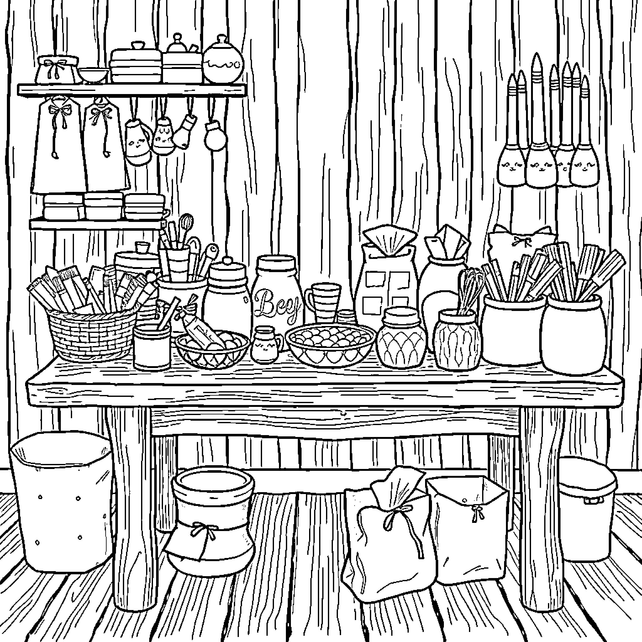 Bobbie's Cluttered Kitchen Countertop Coloring Page (free black-and-white line drawing printable PDF for all, from beginners to advanced learners, including children, teens, adults, and seniors)