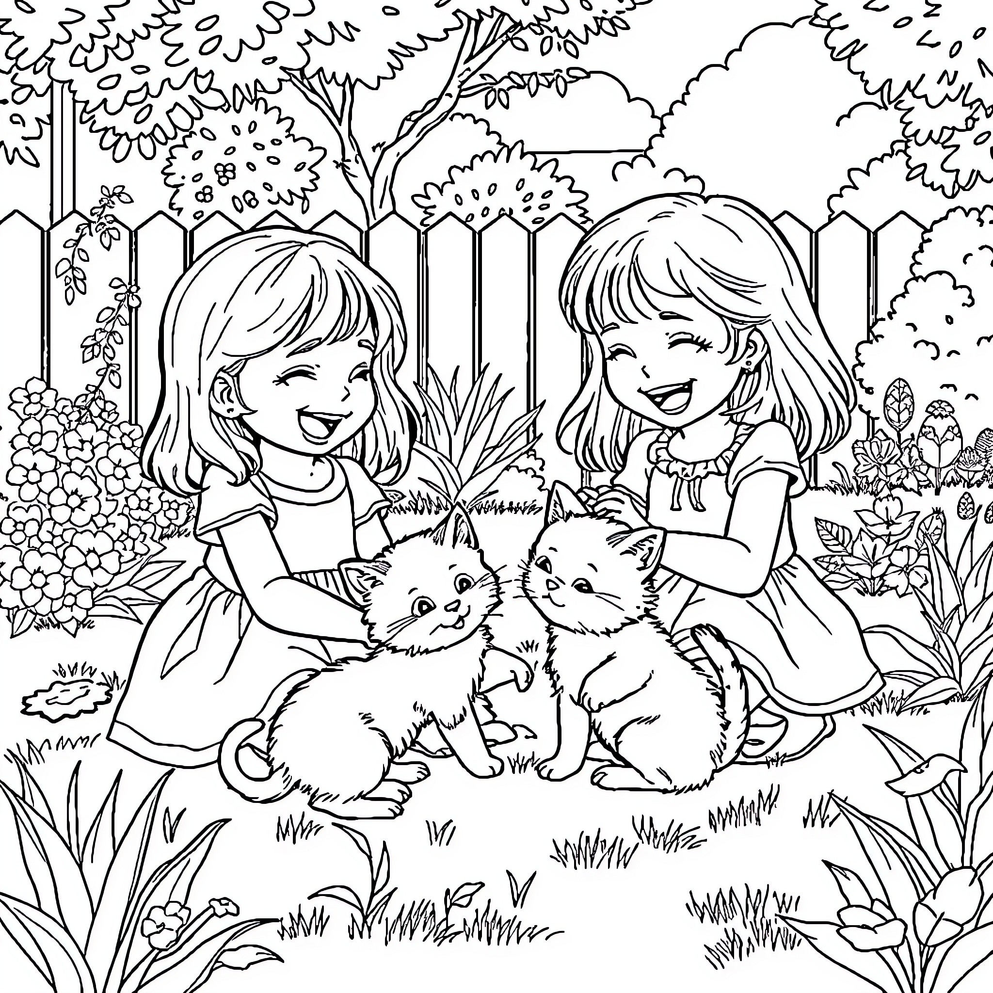 Girls enjoying a playful day with kittens in nature Coloring Page (free black-and-white line drawing printable PDF for all, from beginners to advanced learners, including children, teens, adults, and seniors)