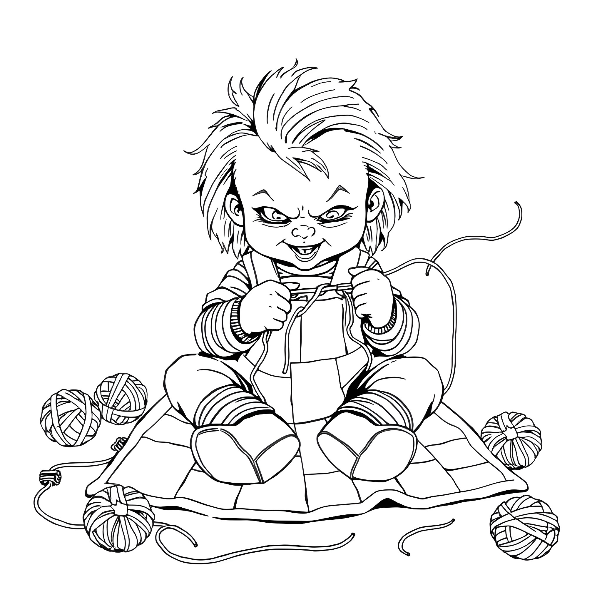 Chucky the Mischievous Doll's Yarn Tangled Adventures Coloring Page (free black-and-white line drawing printable PDF for all, from beginners to advanced learners, including children, teens, adults, and seniors)