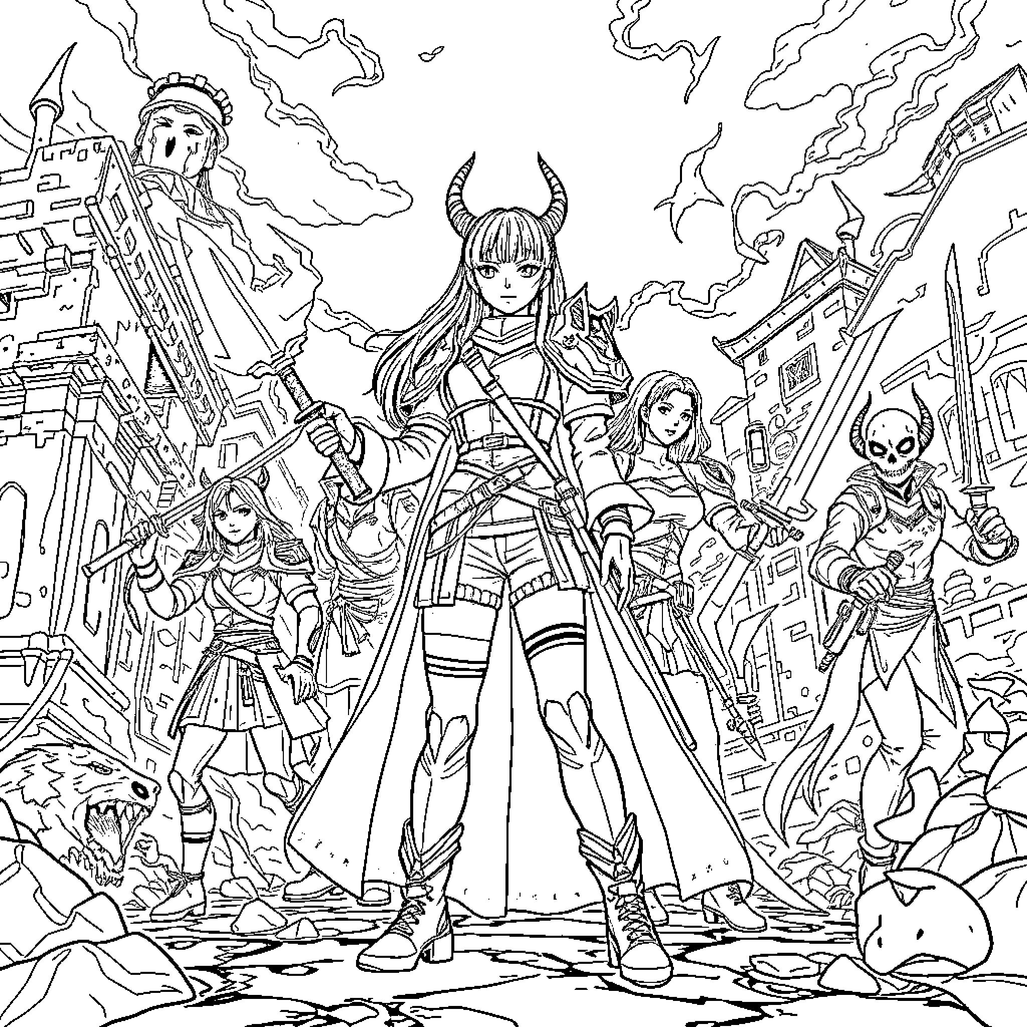 Rumi's Heroic Crusade in the Fantastical Realm Coloring Page (free black-and-white line drawing printable PDF for all, from beginners to advanced learners, including children, teens, adults, and seniors)