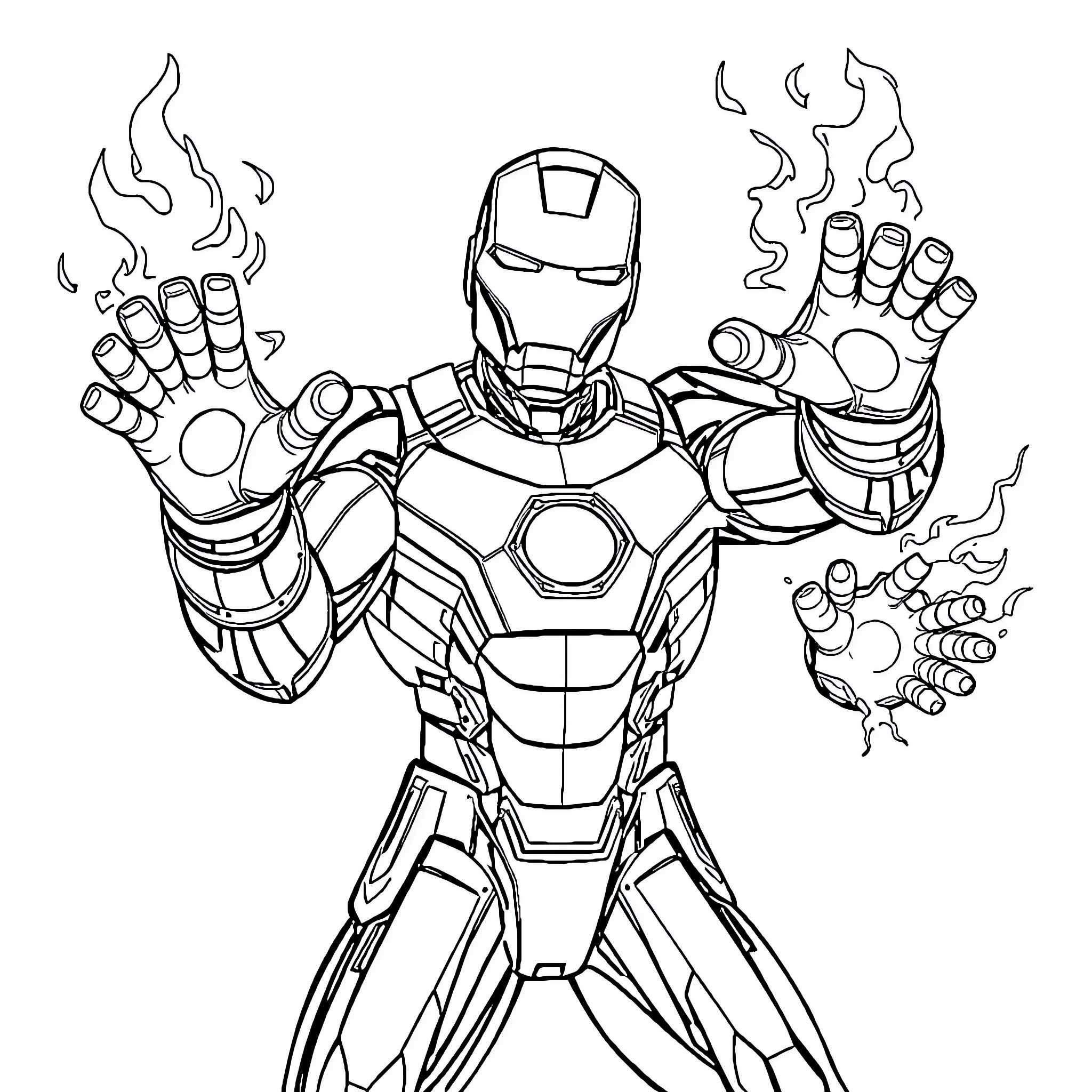 Ironman heroic battle pose with energy beams Coloring Page (free black-and-white line drawing printable PDF for all, from beginners to advanced learners, including children, teens, adults, and seniors)