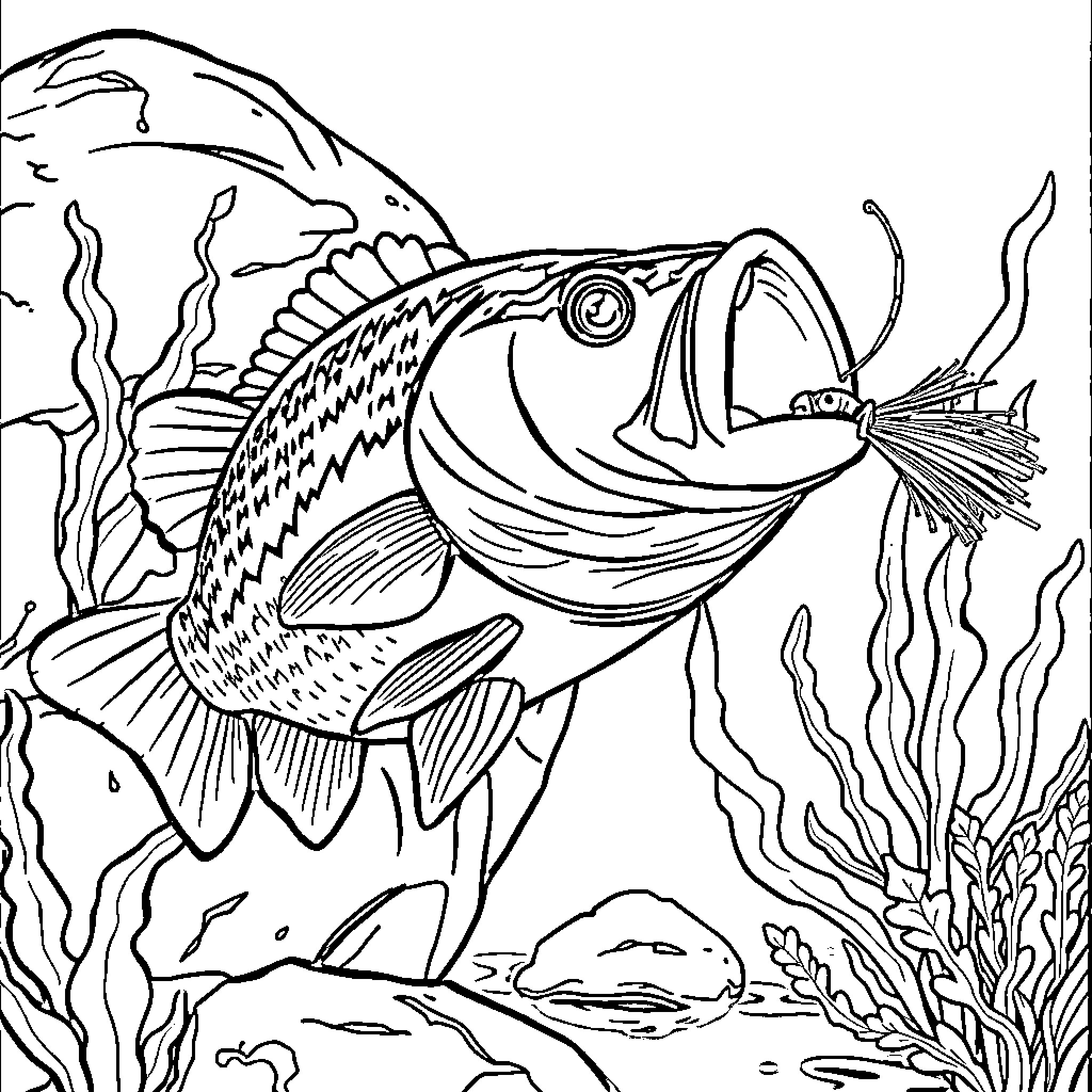 Bass Fish Exploring Underwater World Coloring Page (free black-and-white line drawing printable PDF for all, from beginners to advanced learners, including children, teens, adults, and seniors)