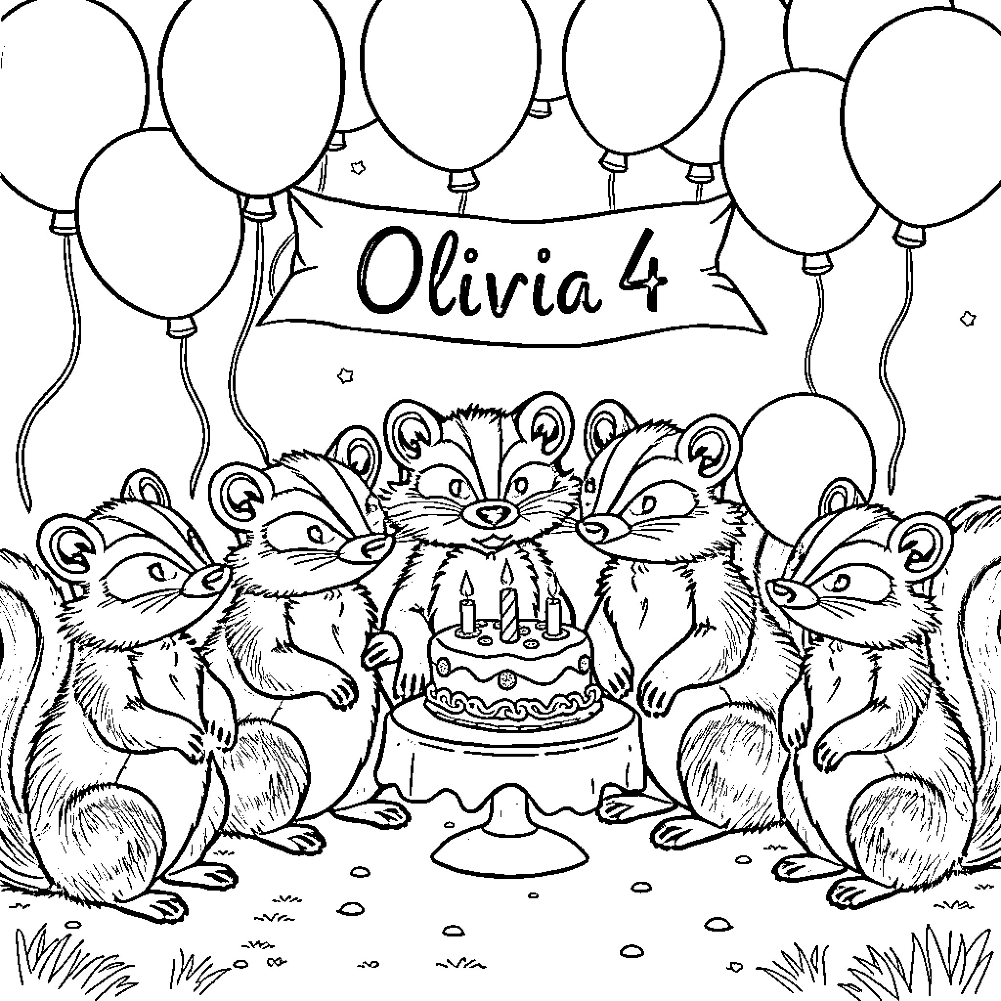 Skunk birthday party with balloons Coloring Page (free black-and-white line drawing printable PDF for all, from beginners to advanced learners, including children, teens, adults, and seniors)