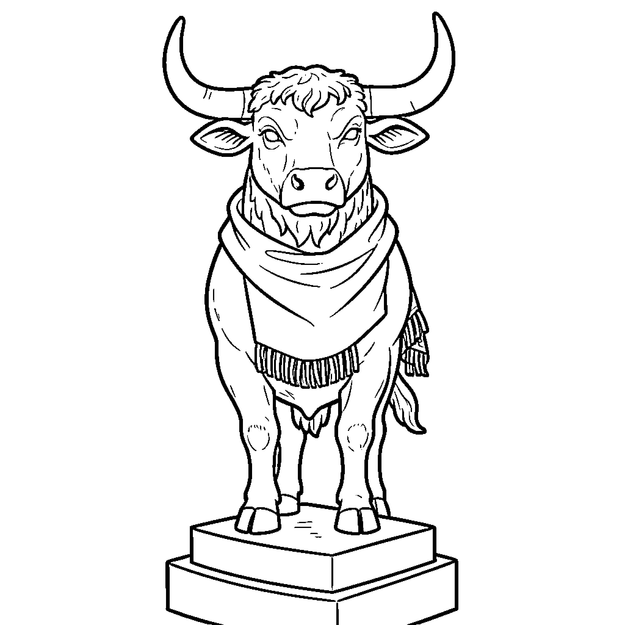 Toro standing majestically wearing a draped scarf Coloring Page (free black-and-white line drawing printable PDF for all, from beginners to advanced learners, including children, teens, adults, and seniors)
