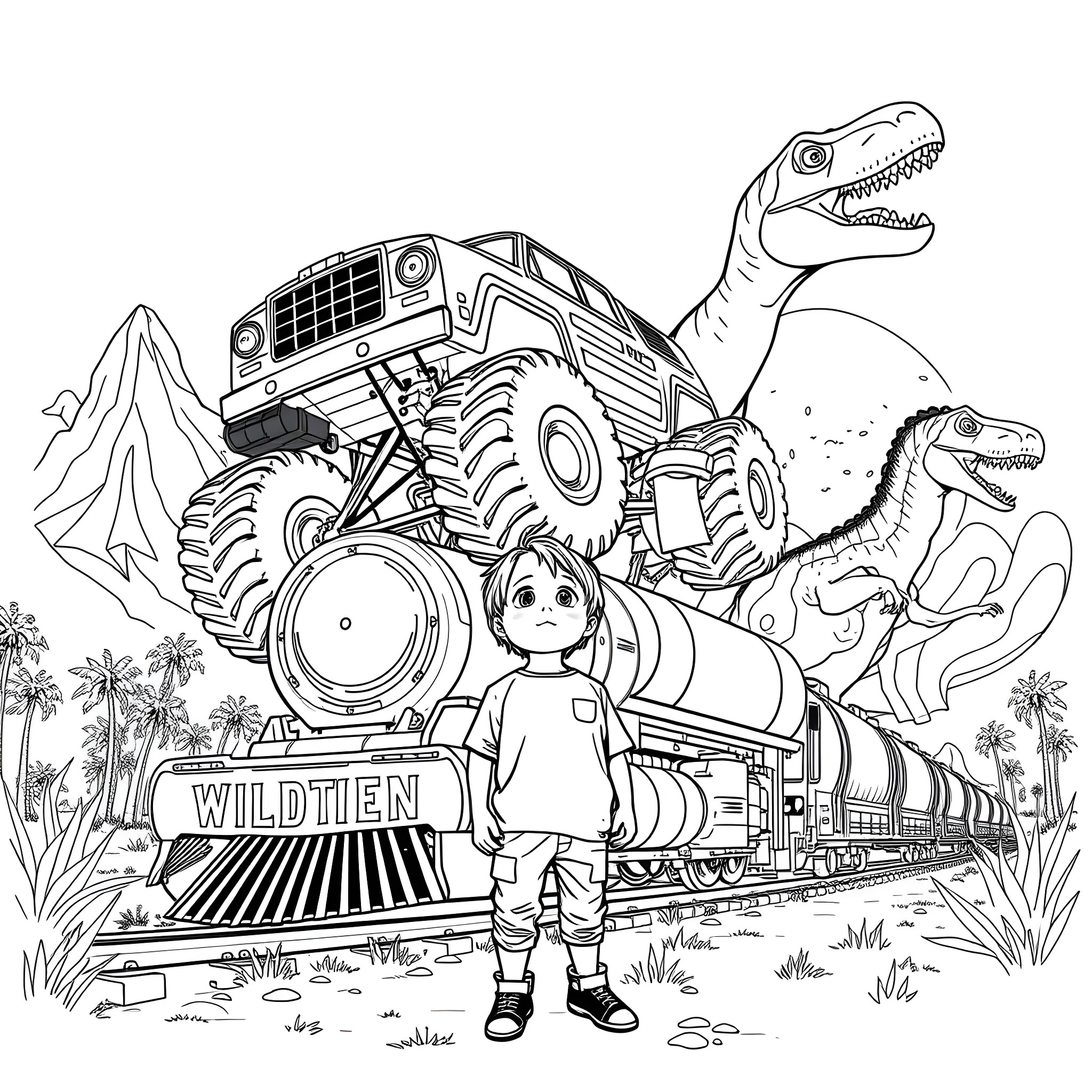 Boy Explores Dinosaur-Filled Wilderness on Monster Truck Coloring Page (free black-and-white line drawing printable PDF for all, from beginners to advanced learners, including children, teens, adults, and seniors)