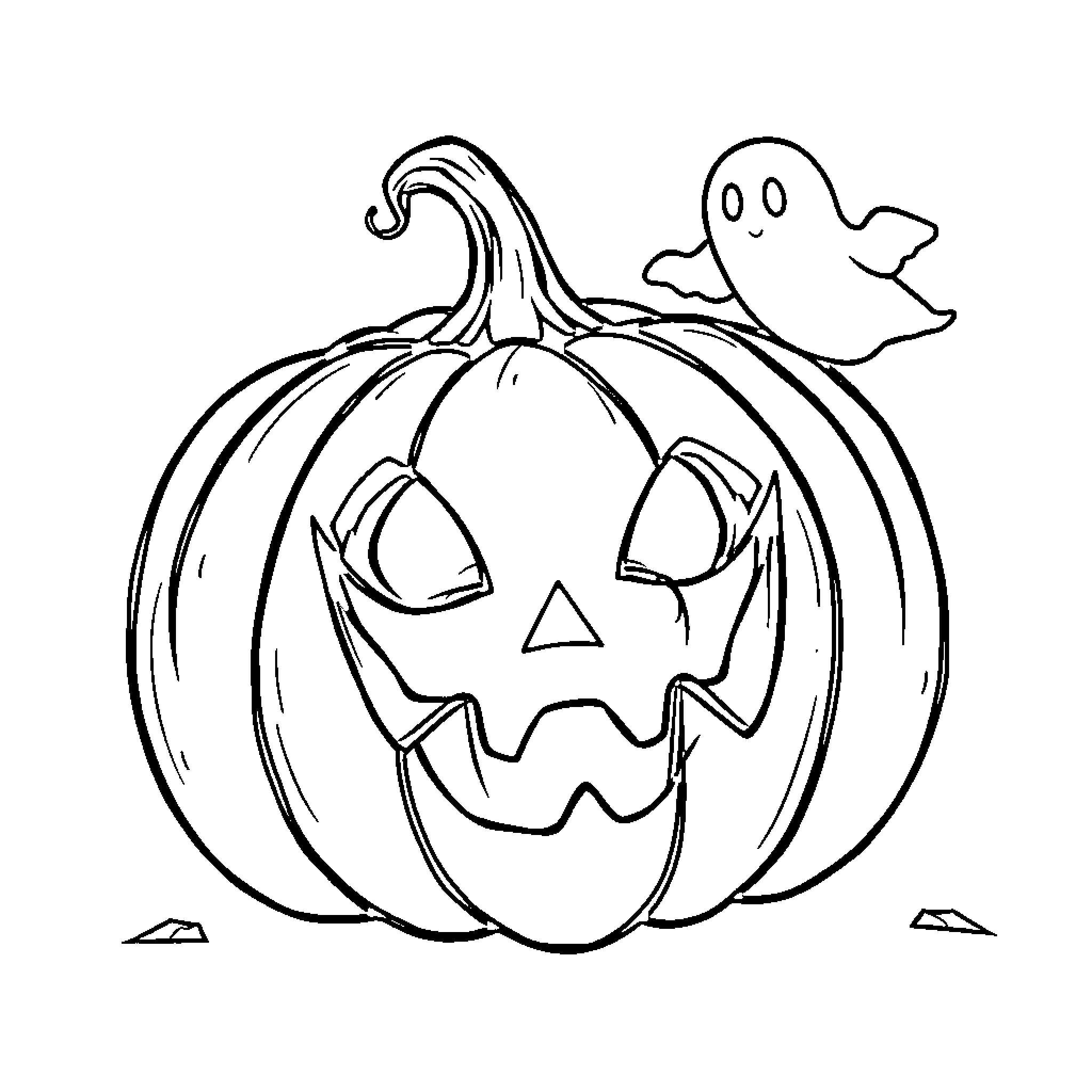 Pumpkin with a ghost on Halloween Coloring Page (free black-and-white line drawing printable PDF for all, from beginners to advanced learners, including children, teens, adults, and seniors)