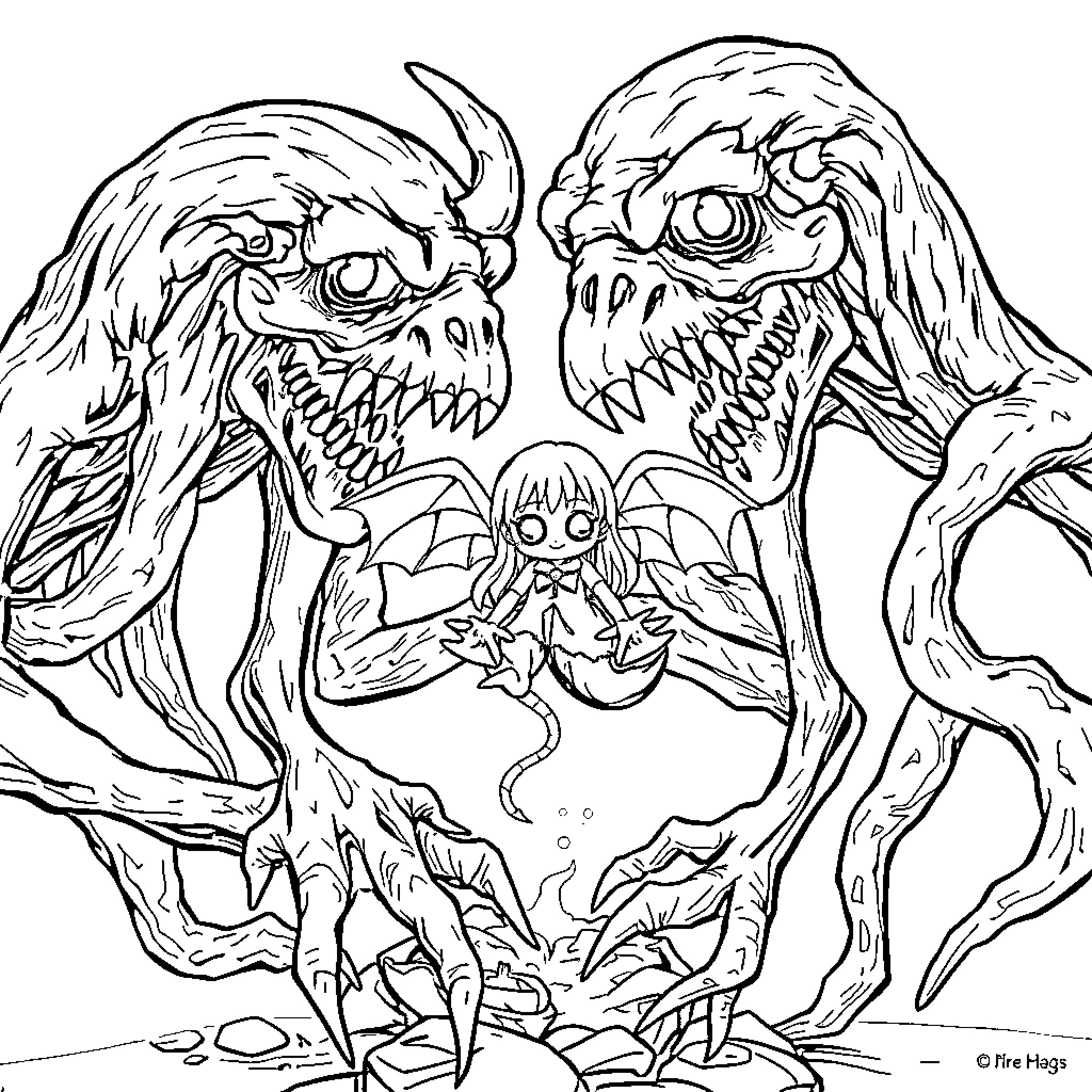 Descendants of Fearsome Creatures Encounter Coloring Page (free black-and-white line drawing printable PDF for all, from beginners to advanced learners, including children, teens, adults, and seniors)