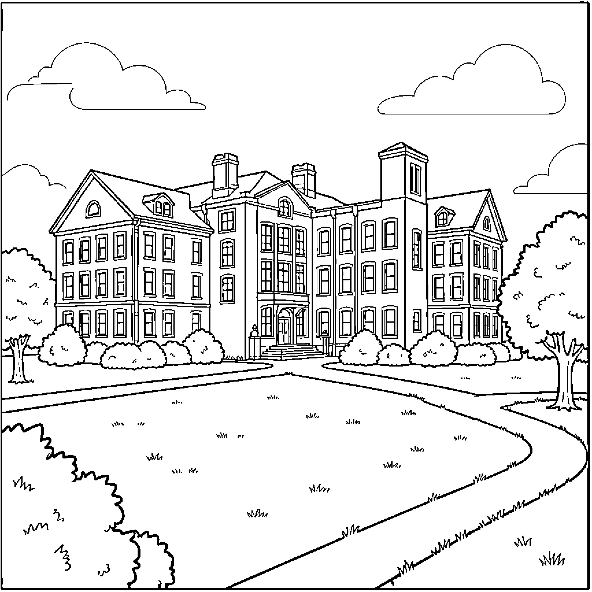 University of Oklahoma campus with historic buildings Coloring Page (free black-and-white line drawing printable PDF for all, from beginners to advanced learners, including children, teens, adults, and seniors)