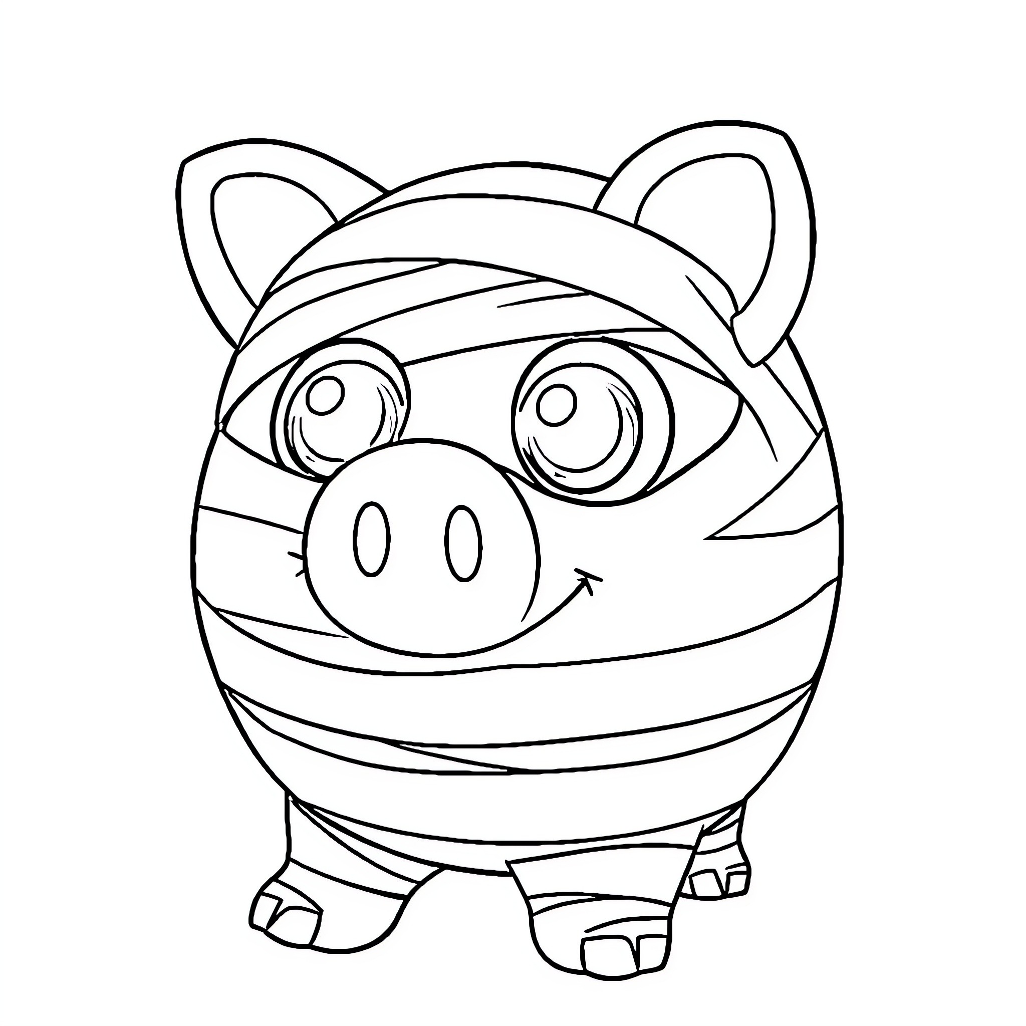 Mummy Pig with Bandages and Wrappings Coloring Page (free black-and-white line drawing printable PDF for all, from beginners to advanced learners, including children, teens, adults, and seniors)