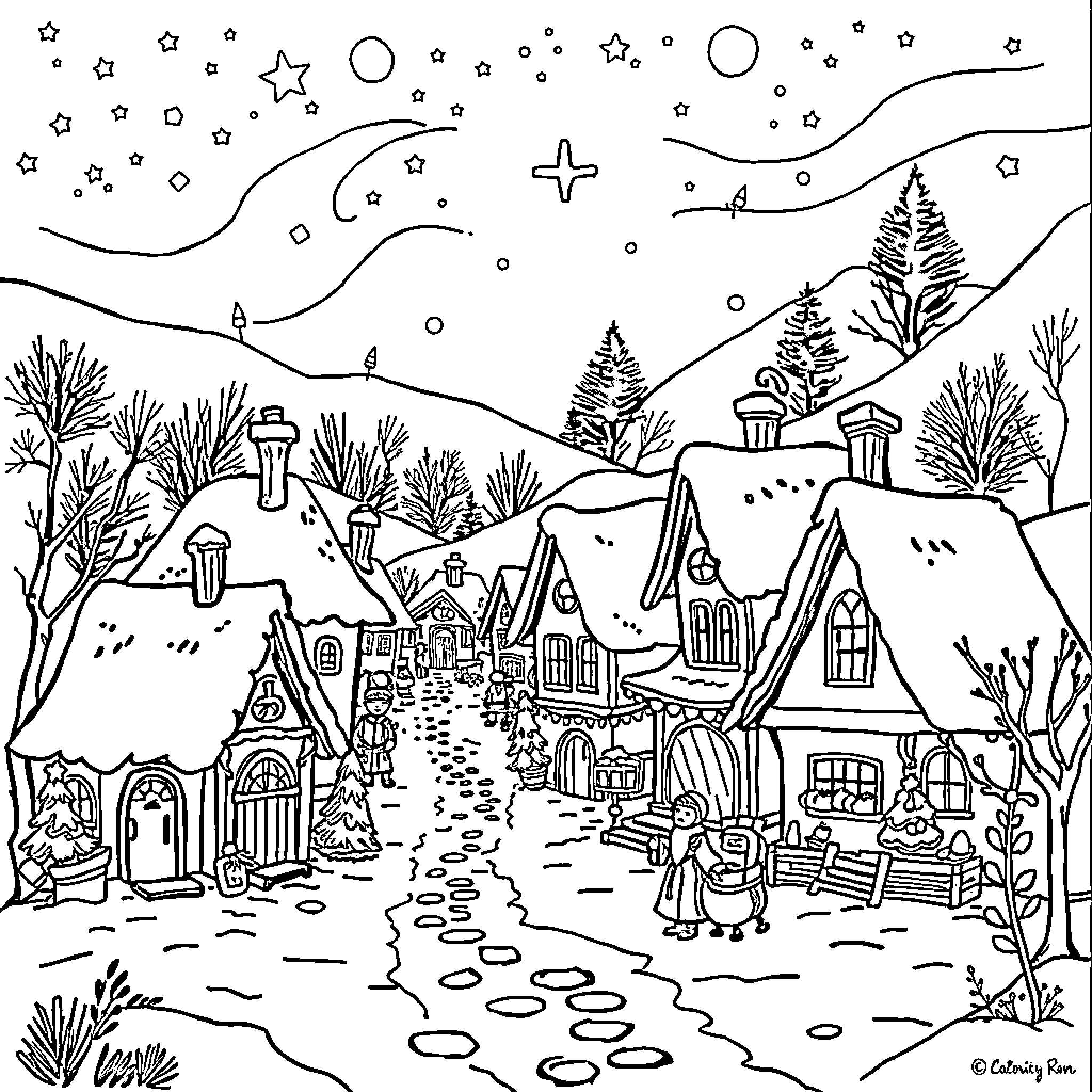 Village of Quaint Cottages and Cozy Scenes Coloring Page (free black-and-white line drawing printable PDF for all, from beginners to advanced learners, including children, teens, adults, and seniors)