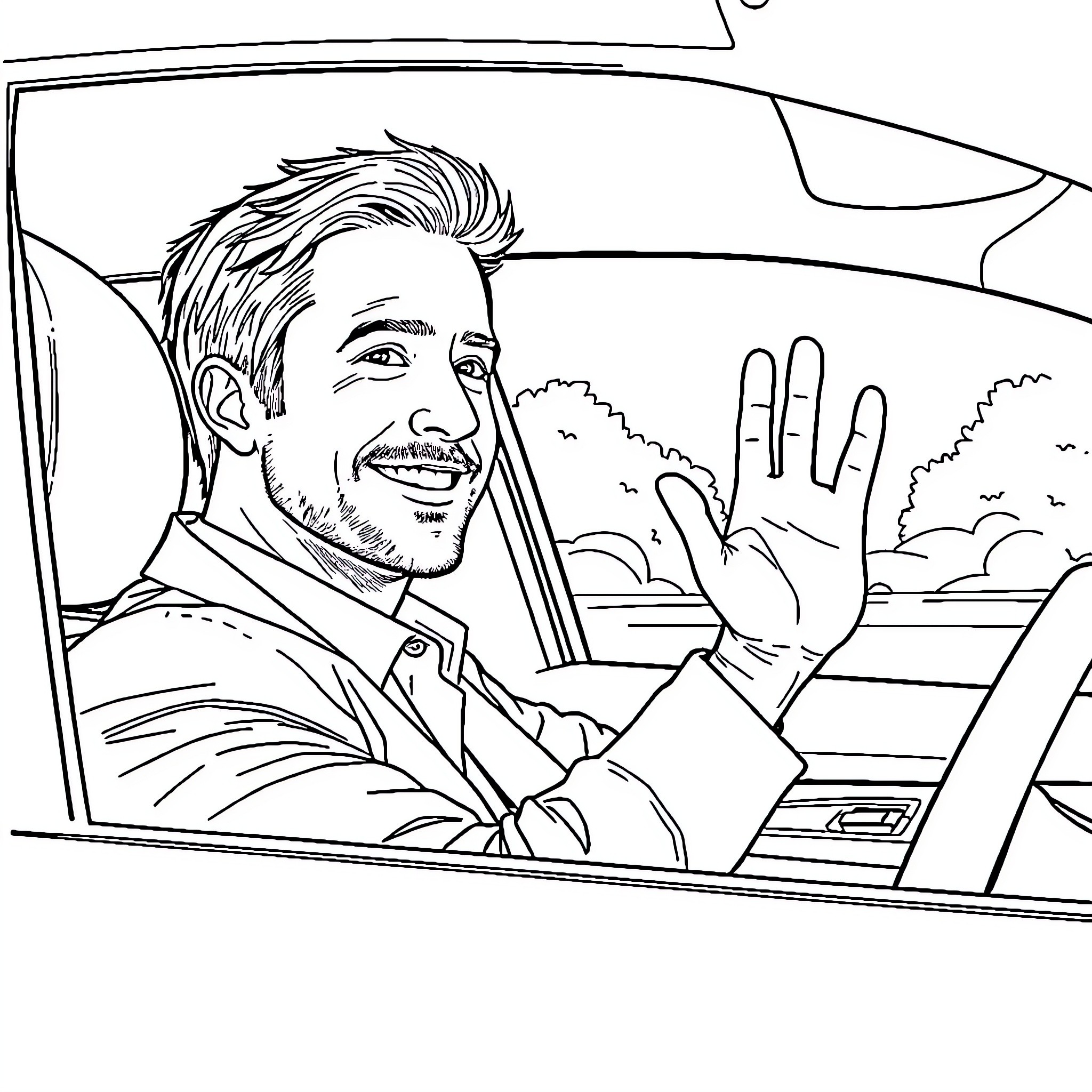 Ryan Gosling waves happily while driving car Coloring Page (free black-and-white line drawing printable PDF for all, from beginners to advanced learners, including children, teens, adults, and seniors)