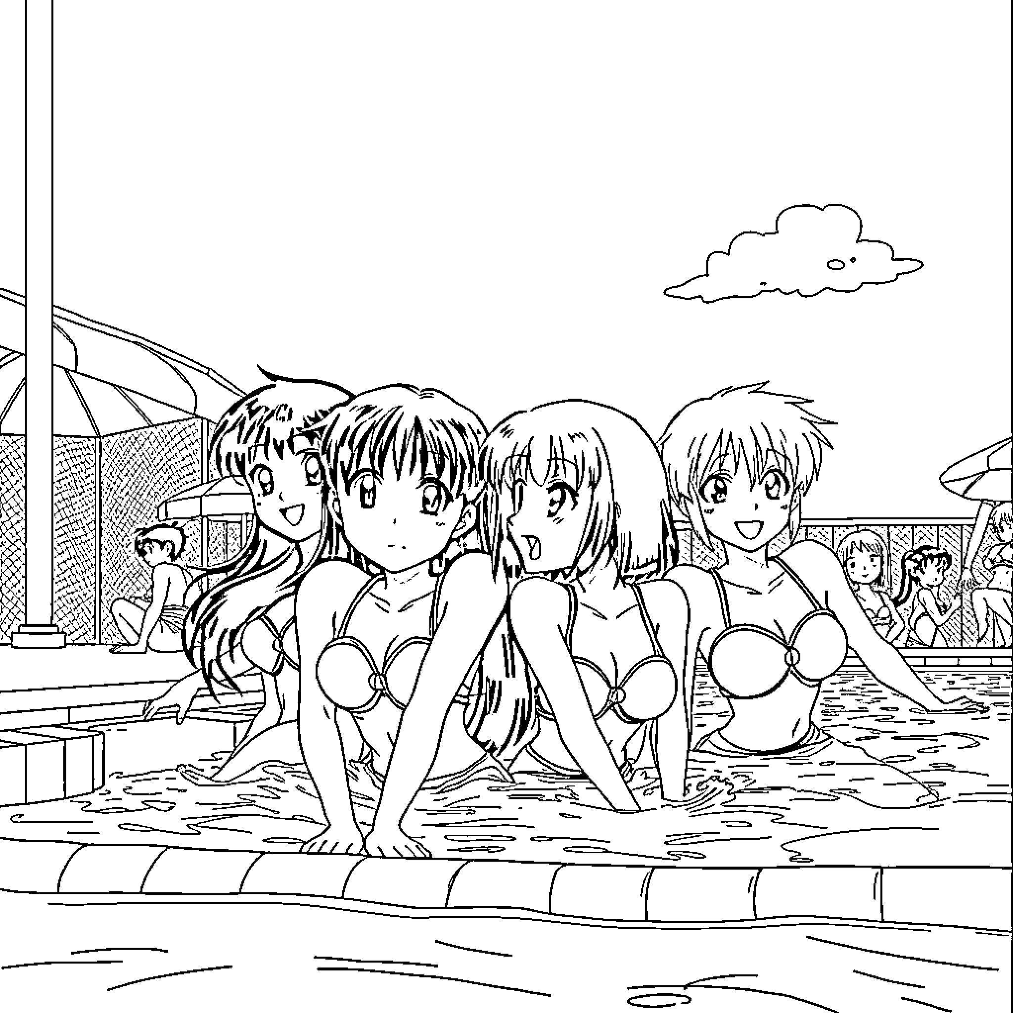 Ranma 1/2 characters enjoying a day at the pool Coloring Page (free black-and-white line drawing printable PDF for all, from beginners to advanced learners, including children, teens, adults, and seniors)