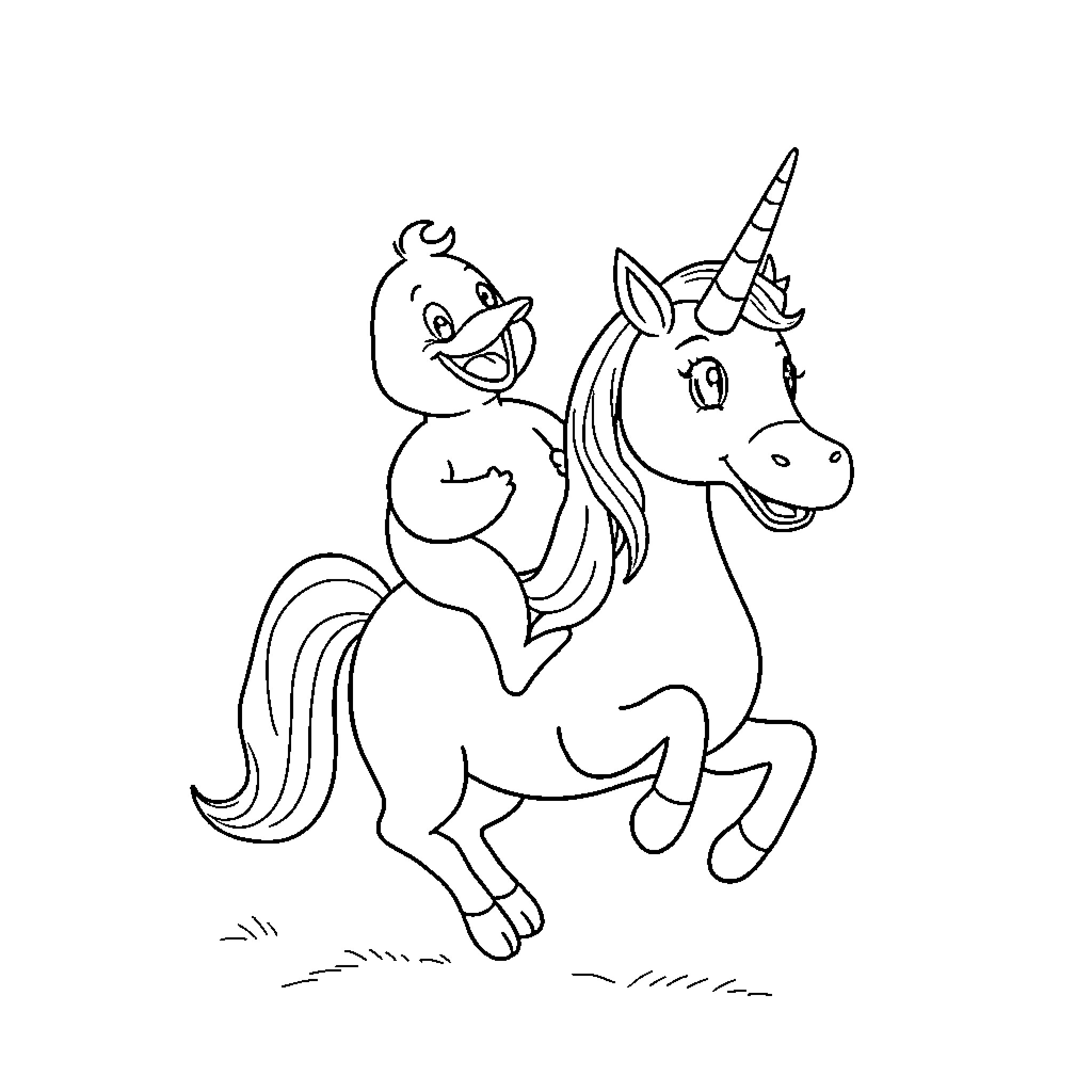 Rubber Duck riding a unicorn cheerfully Coloring Page (free black-and-white line drawing printable PDF for all, from beginners to advanced learners, including children, teens, adults, and seniors)