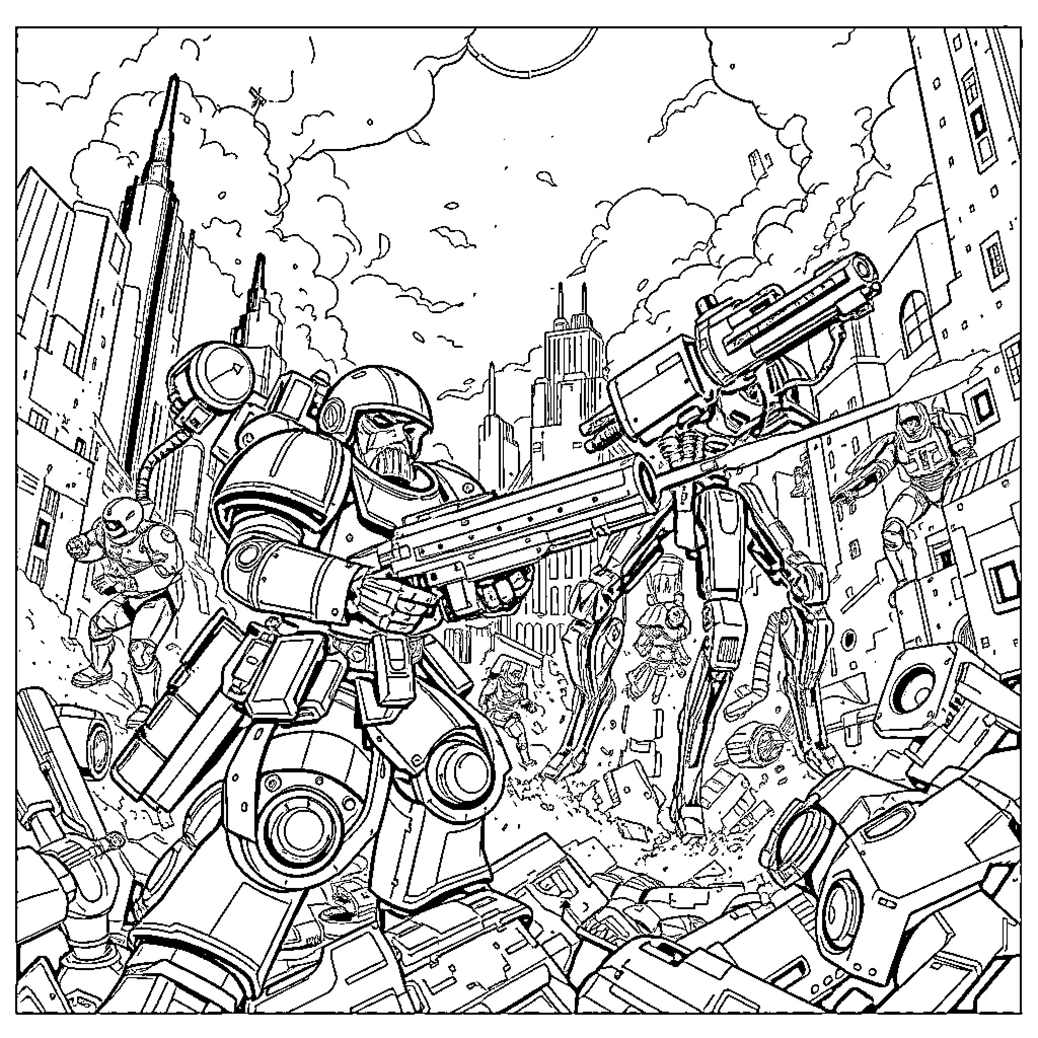 Spacemarine battling against the enemy in the city Coloring Page (free black-and-white line drawing printable PDF for all, from beginners to advanced learners, including children, teens, adults, and seniors)