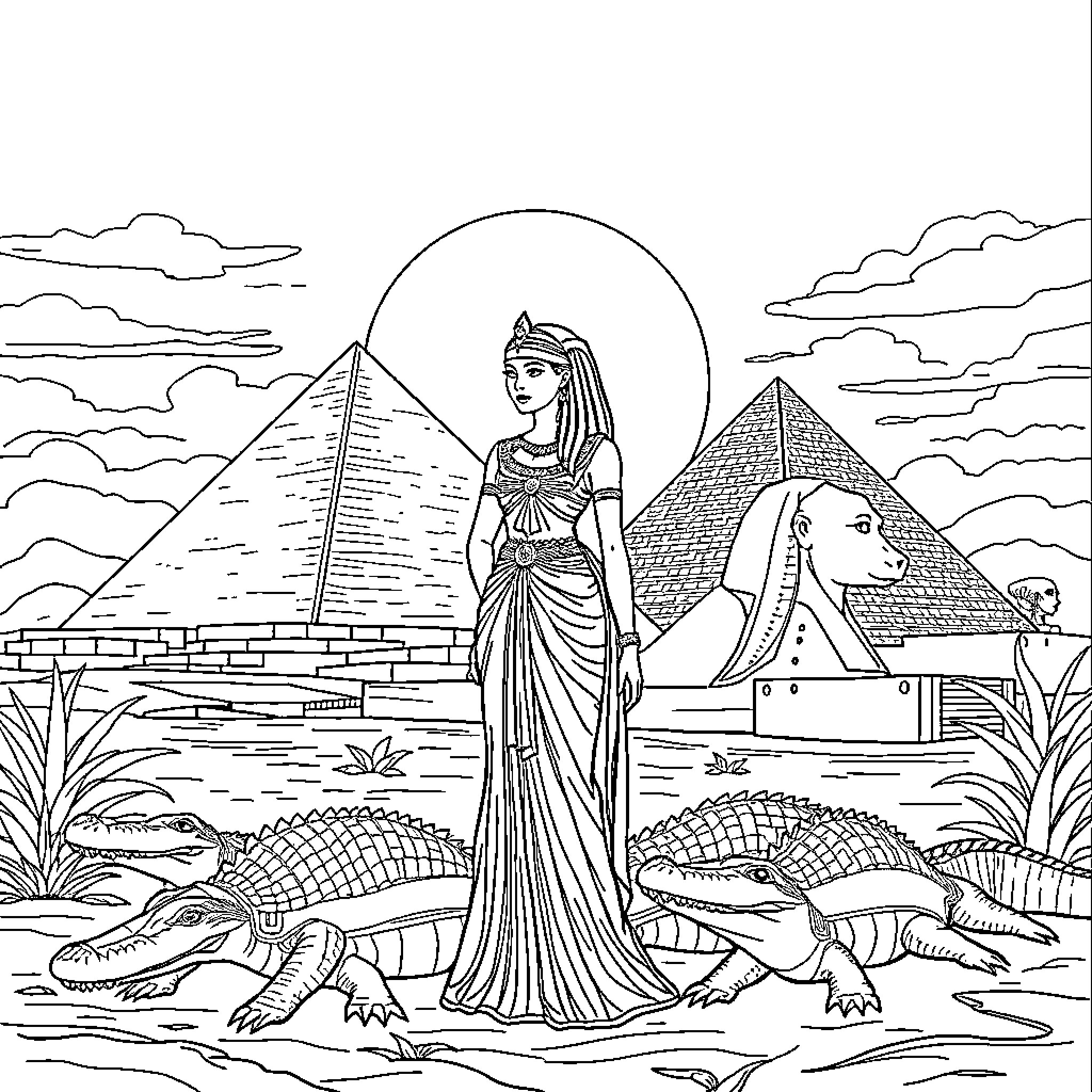 Cleopatra's Majesty Amid Egyptian Splendor Coloring Page (free black-and-white line drawing printable PDF for all, from beginners to advanced learners, including children, teens, adults, and seniors)