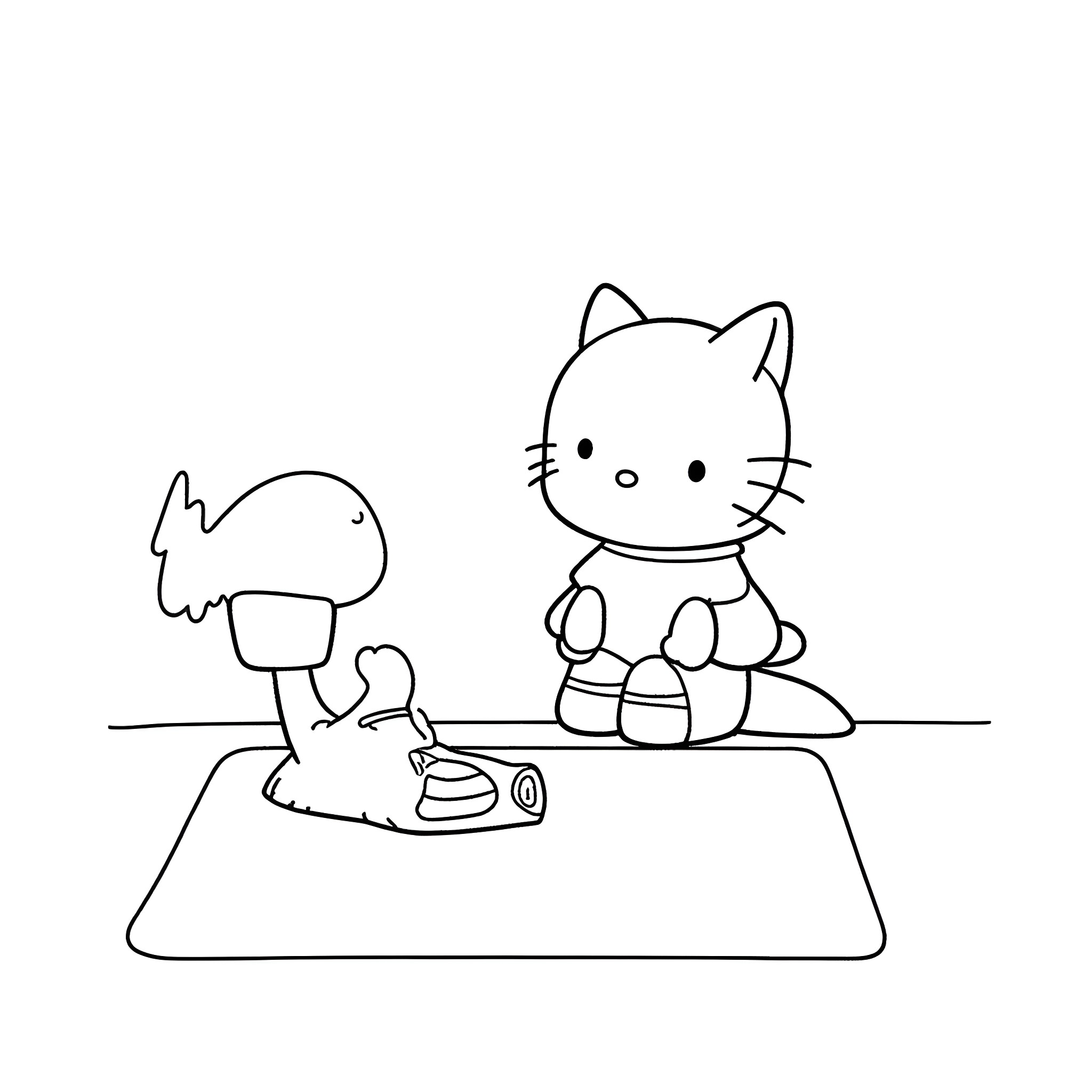 Hello Kitty Playing with Toys Coloring Page (free black-and-white line drawing printable PDF for all, from beginners to advanced learners, including children, teens, adults, and seniors)