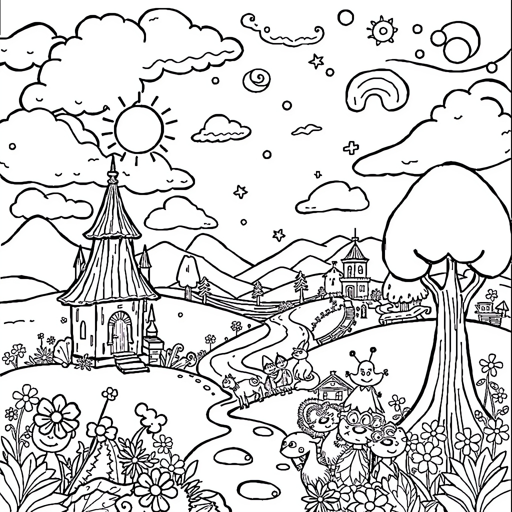 Dandy Whimsical Landscape with Fantastical Elements Coloring Page (free black-and-white line drawing printable PDF for all, from beginners to advanced learners, including children, teens, adults, and seniors)