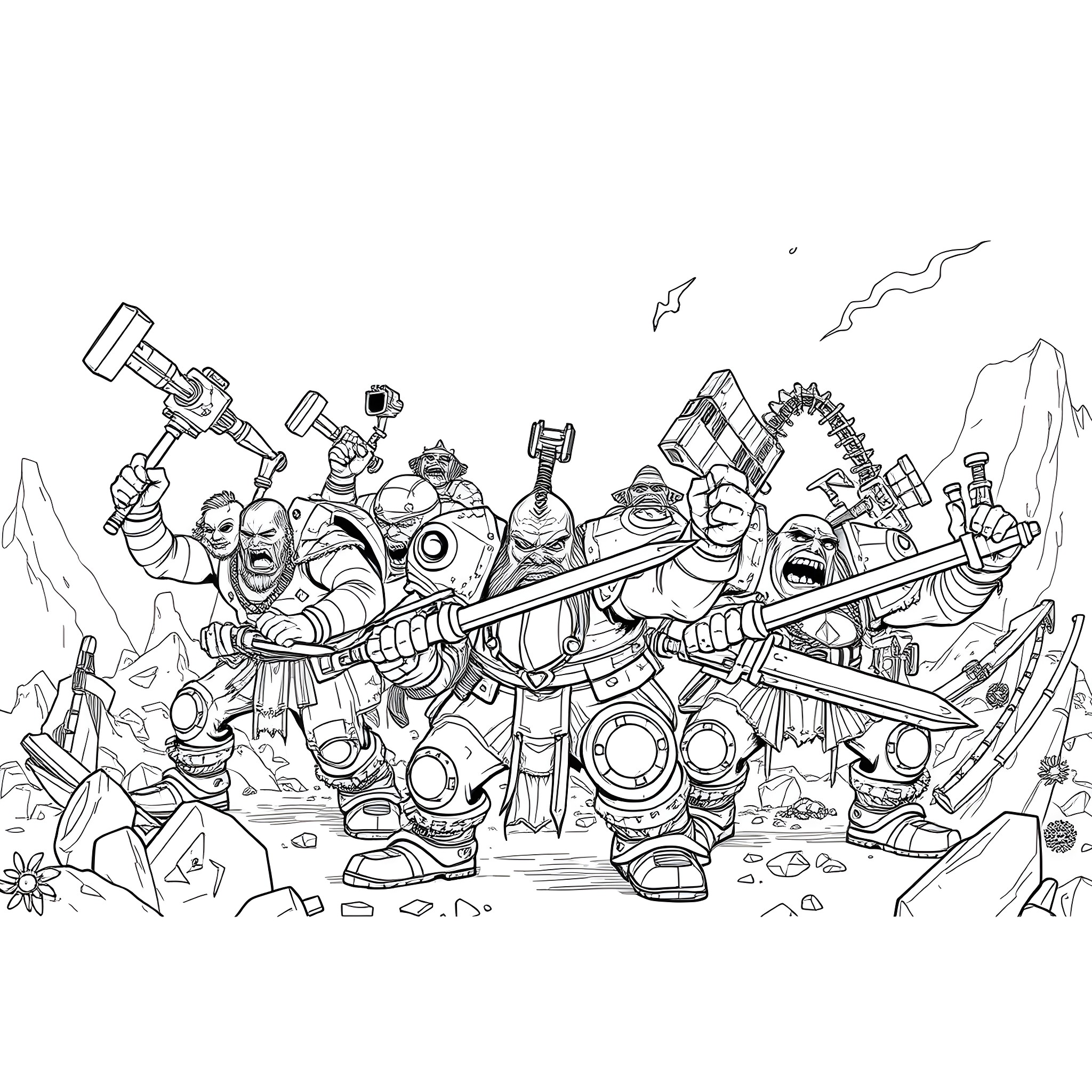 Ork warriors charging into battle with weapons and armor Coloring Page (free black-and-white line drawing printable PDF for all, from beginners to advanced learners, including children, teens, adults, and seniors)