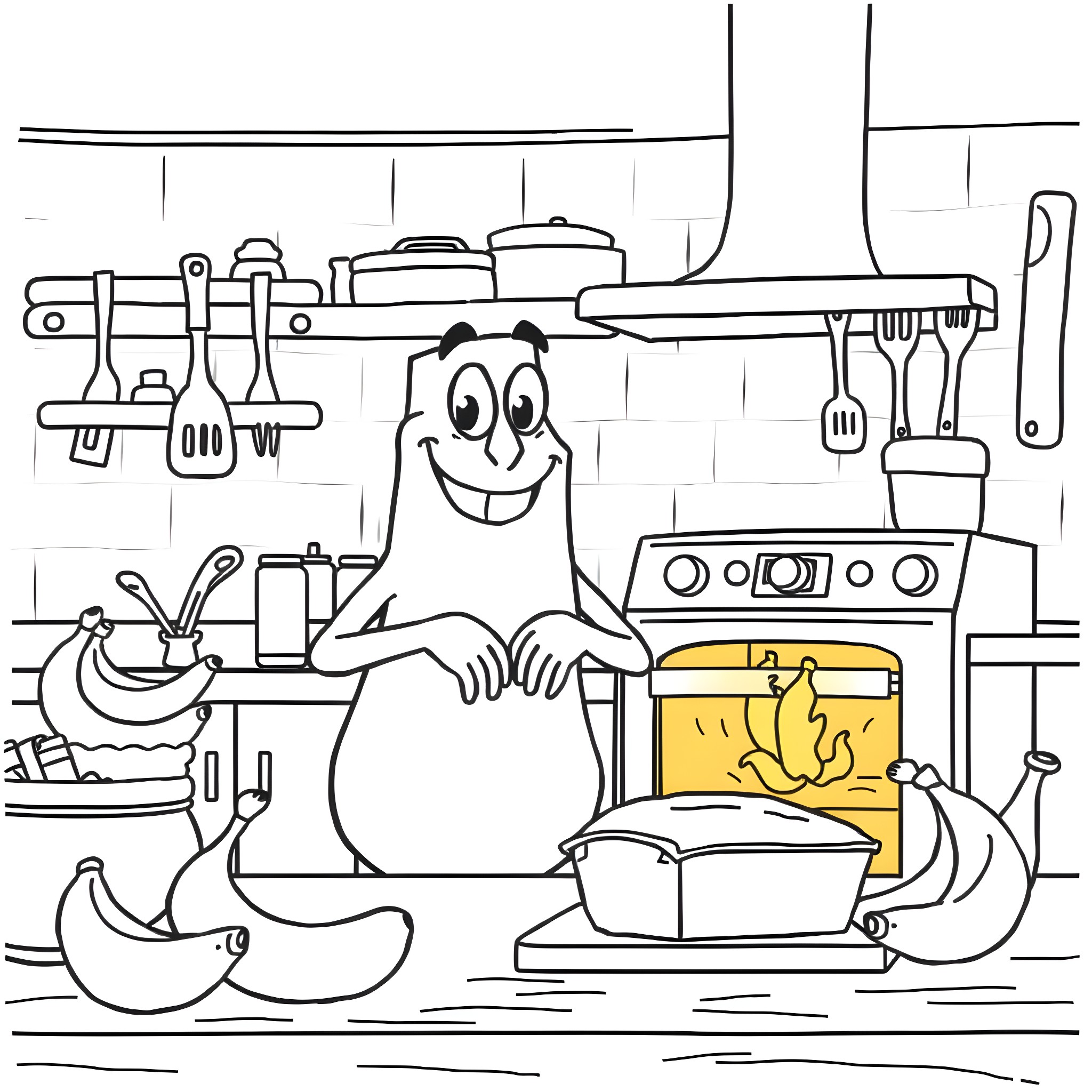 Jonesy prepares a delightful meal in the kitchen Coloring Page (free black-and-white line drawing printable PDF for all, from beginners to advanced learners, including children, teens, adults, and seniors)