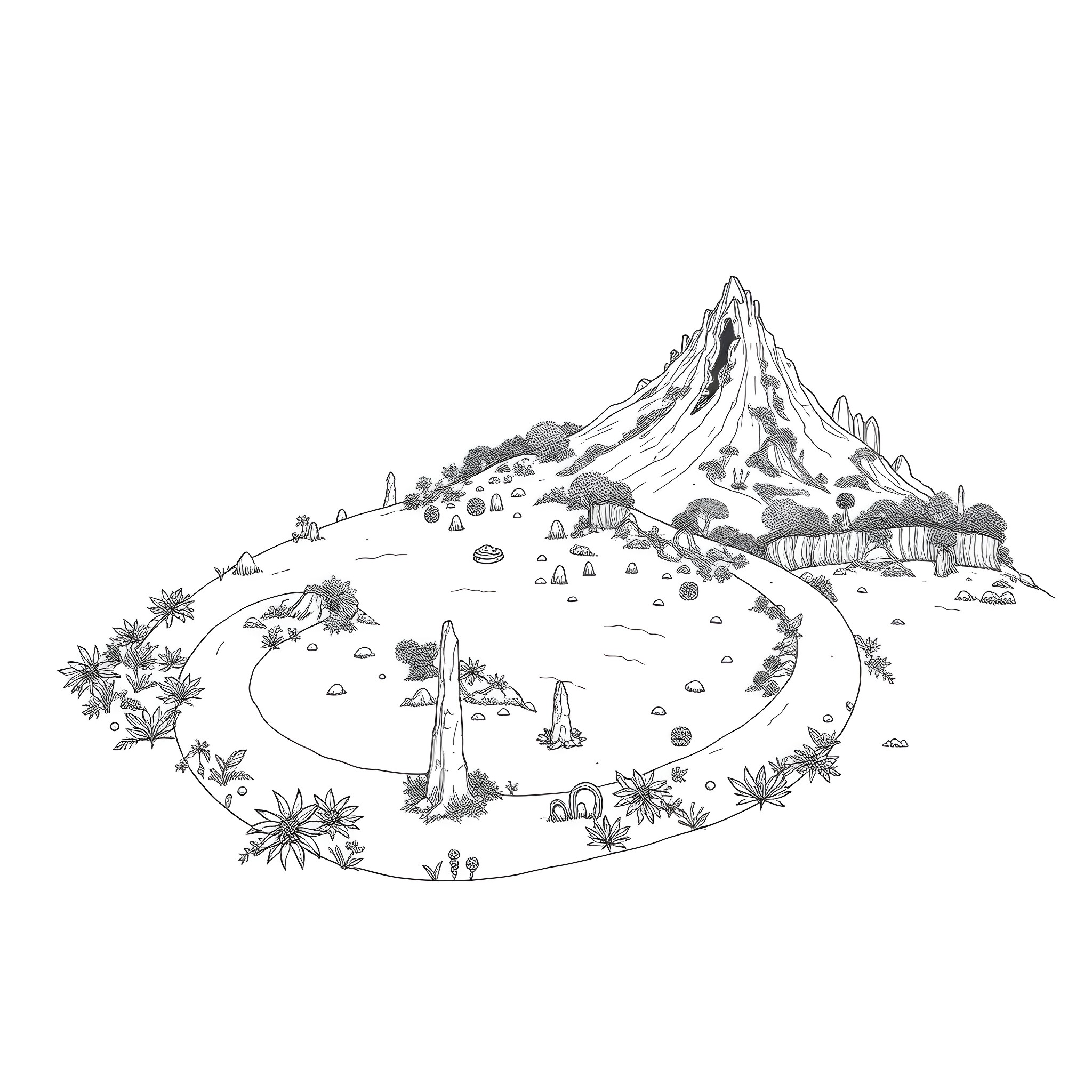 Uktena's Enchanted Mountain Landscape Coloring Page (free black-and-white line drawing printable PDF for all, from beginners to advanced learners, including children, teens, adults, and seniors)