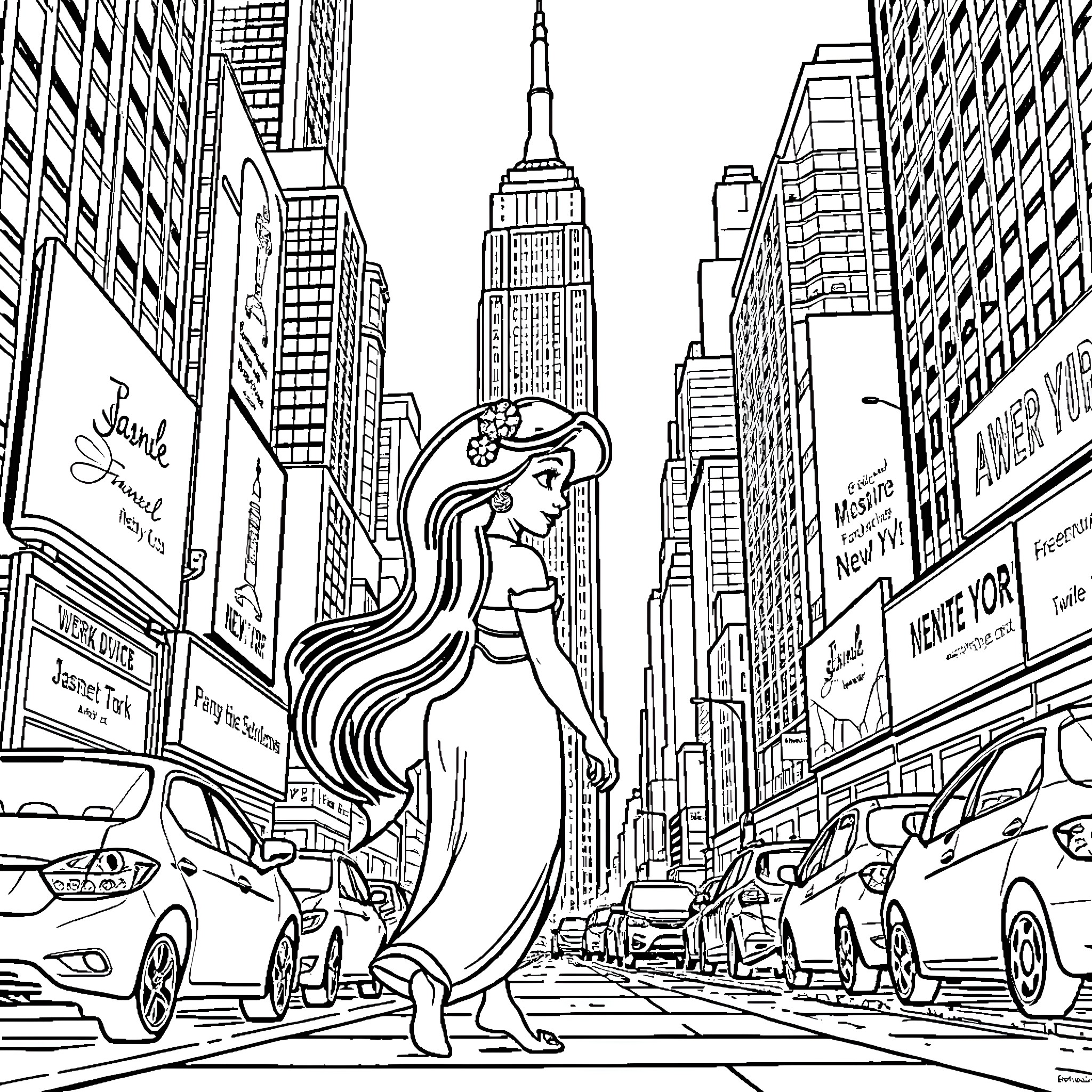Jasmine in the bustling city streets Coloring Page (free black-and-white line drawing printable PDF for all, from beginners to advanced learners, including children, teens, adults, and seniors)
