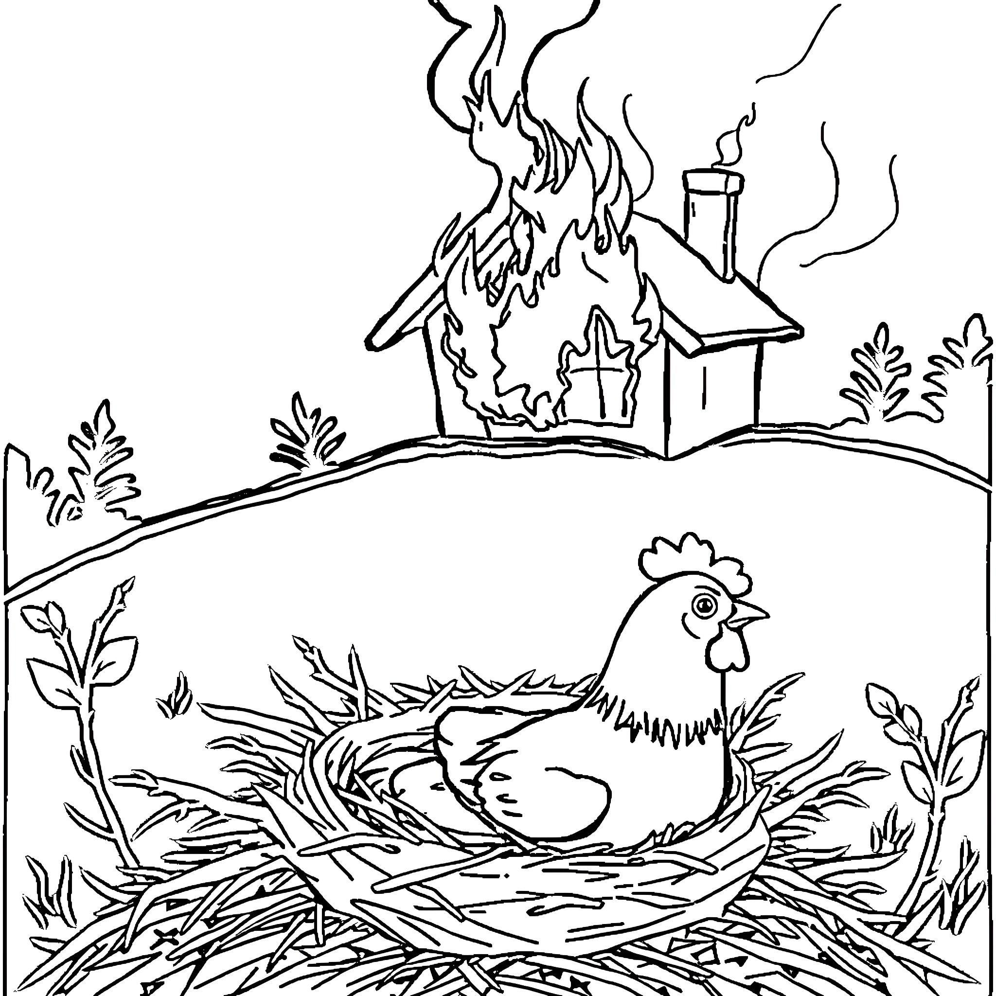 Chicken nesting in its cozy home Coloring Page (free black-and-white line drawing printable PDF for all, from beginners to advanced learners, including children, teens, adults, and seniors)