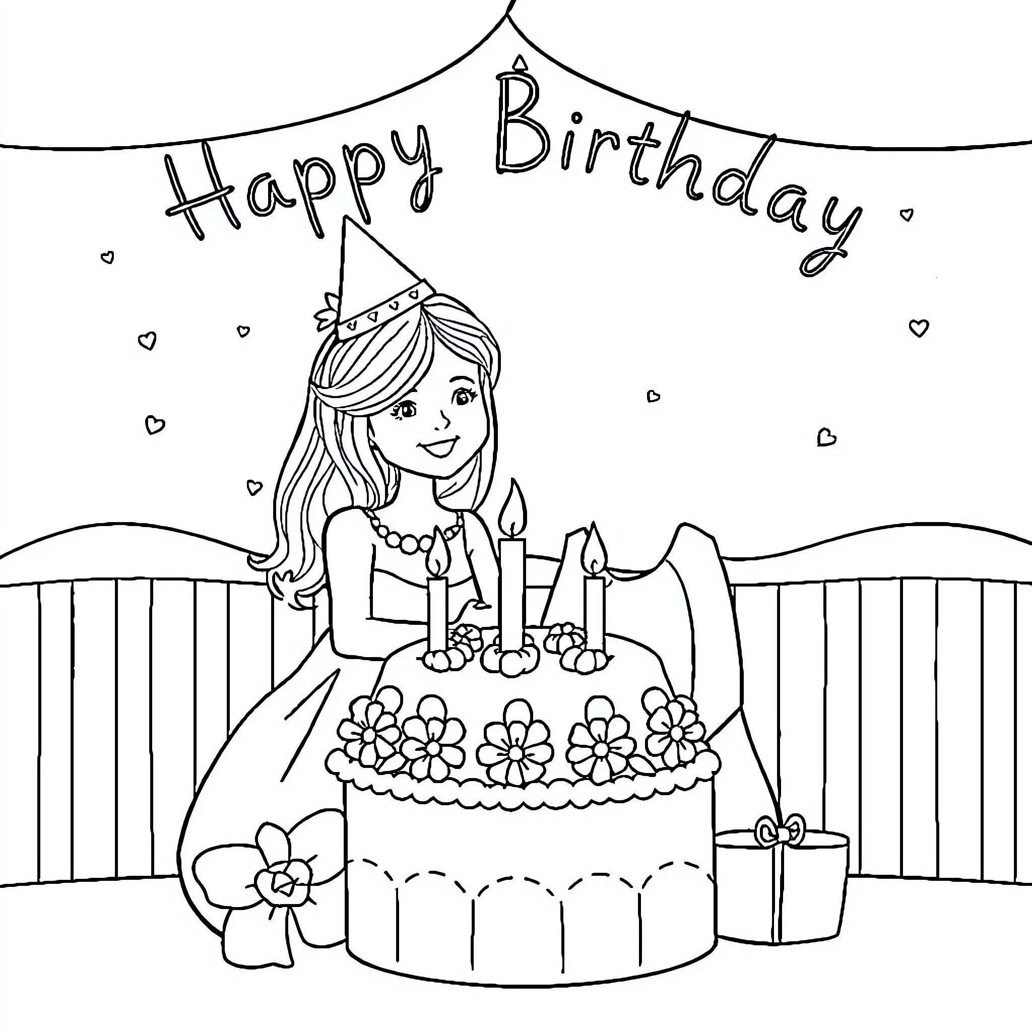 Mom's Birthday Celebration with Cake and Gifts Coloring Page (free black-and-white line drawing printable PDF for all, from beginners to advanced learners, including children, teens, adults, and seniors)