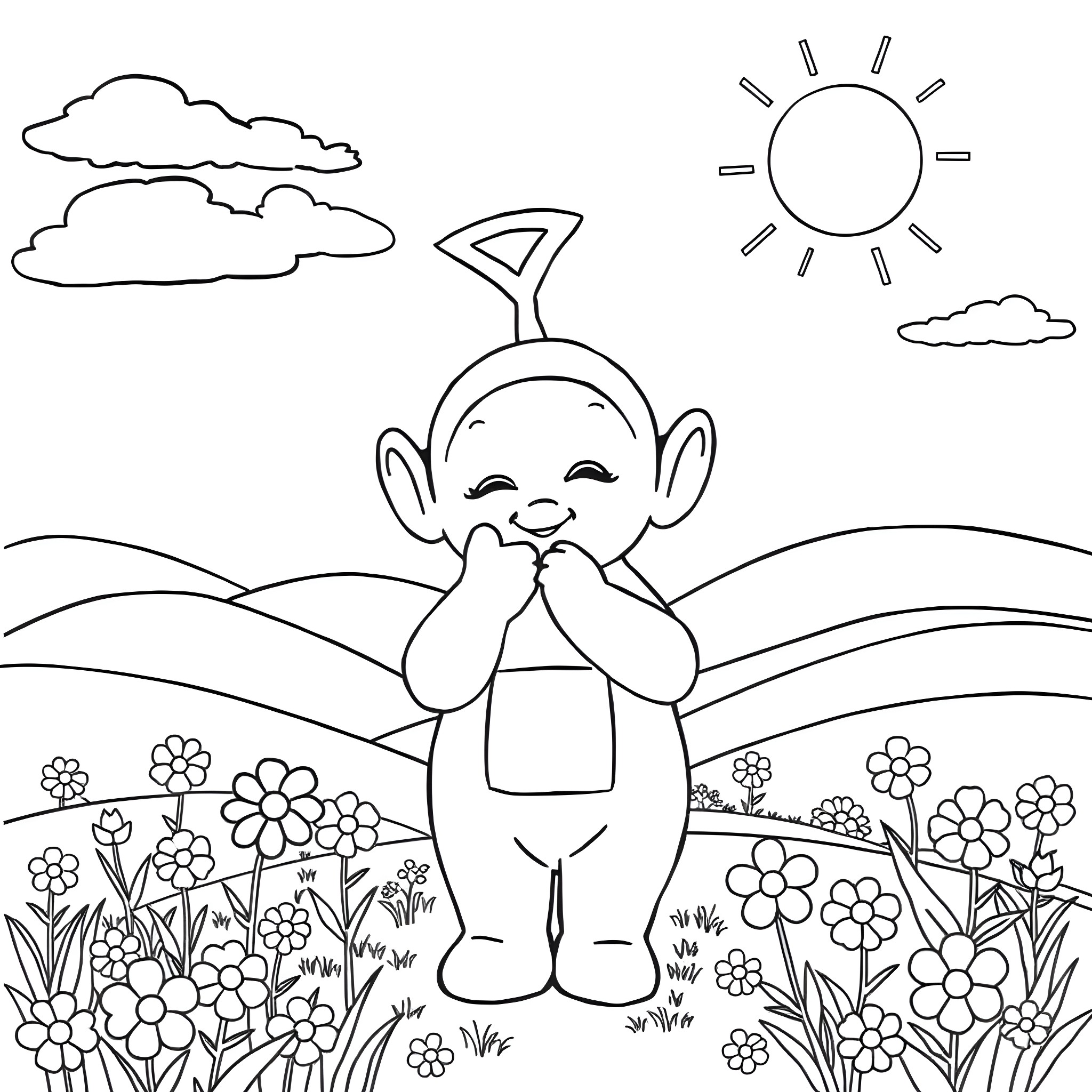 Teletubby playing in a flowery meadow Coloring Page (free black-and-white line drawing printable PDF for all, from beginners to advanced learners, including children, teens, adults, and seniors)
