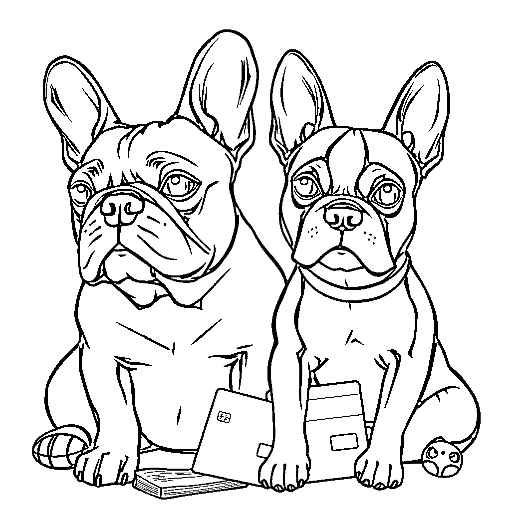 French Bulldogs Posing with Electronics Coloring Page (free black-and-white line drawing printable PDF for all, from beginners to advanced learners, including children, teens, adults, and seniors)