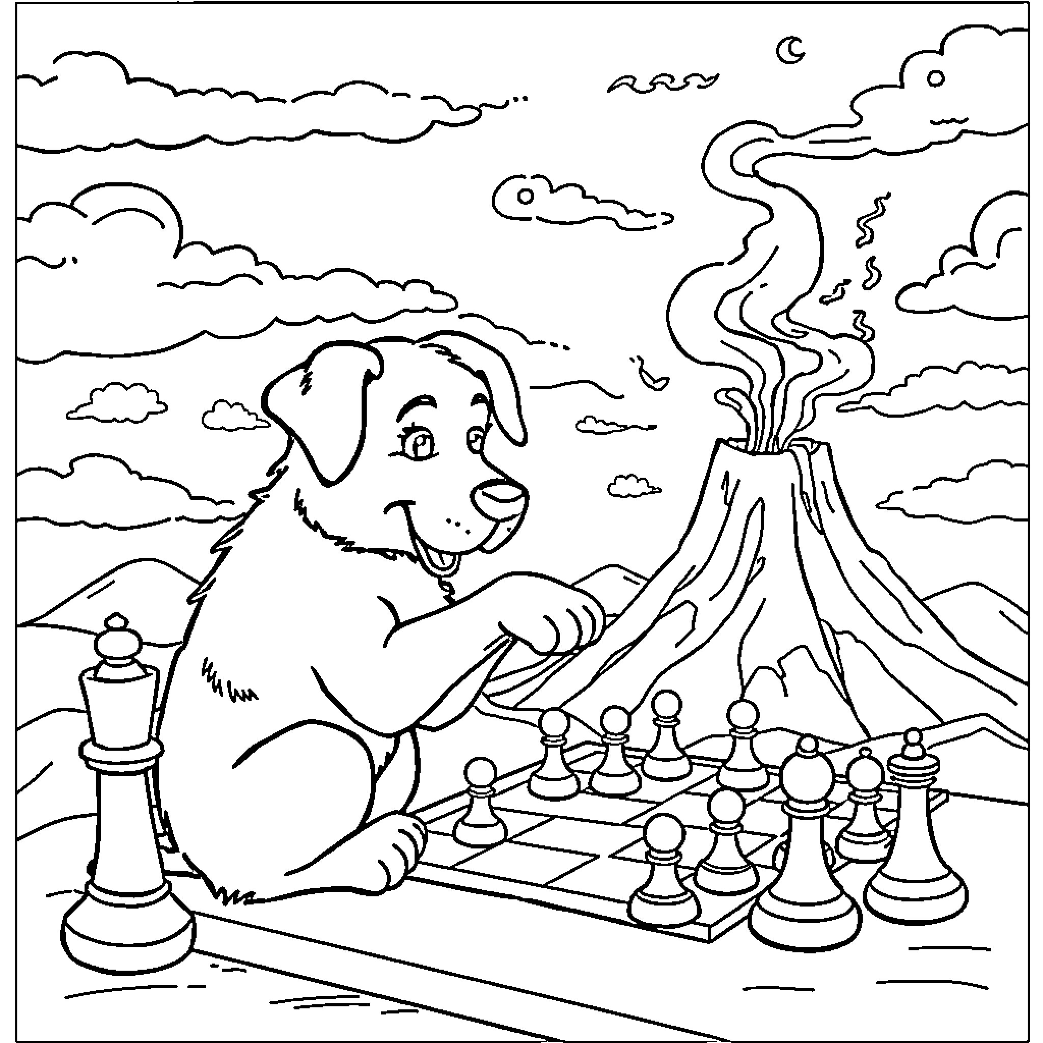 Dog playing chess in a volcano landscape Coloring Page (free black-and-white line drawing printable PDF for all, from beginners to advanced learners, including children, teens, adults, and seniors)