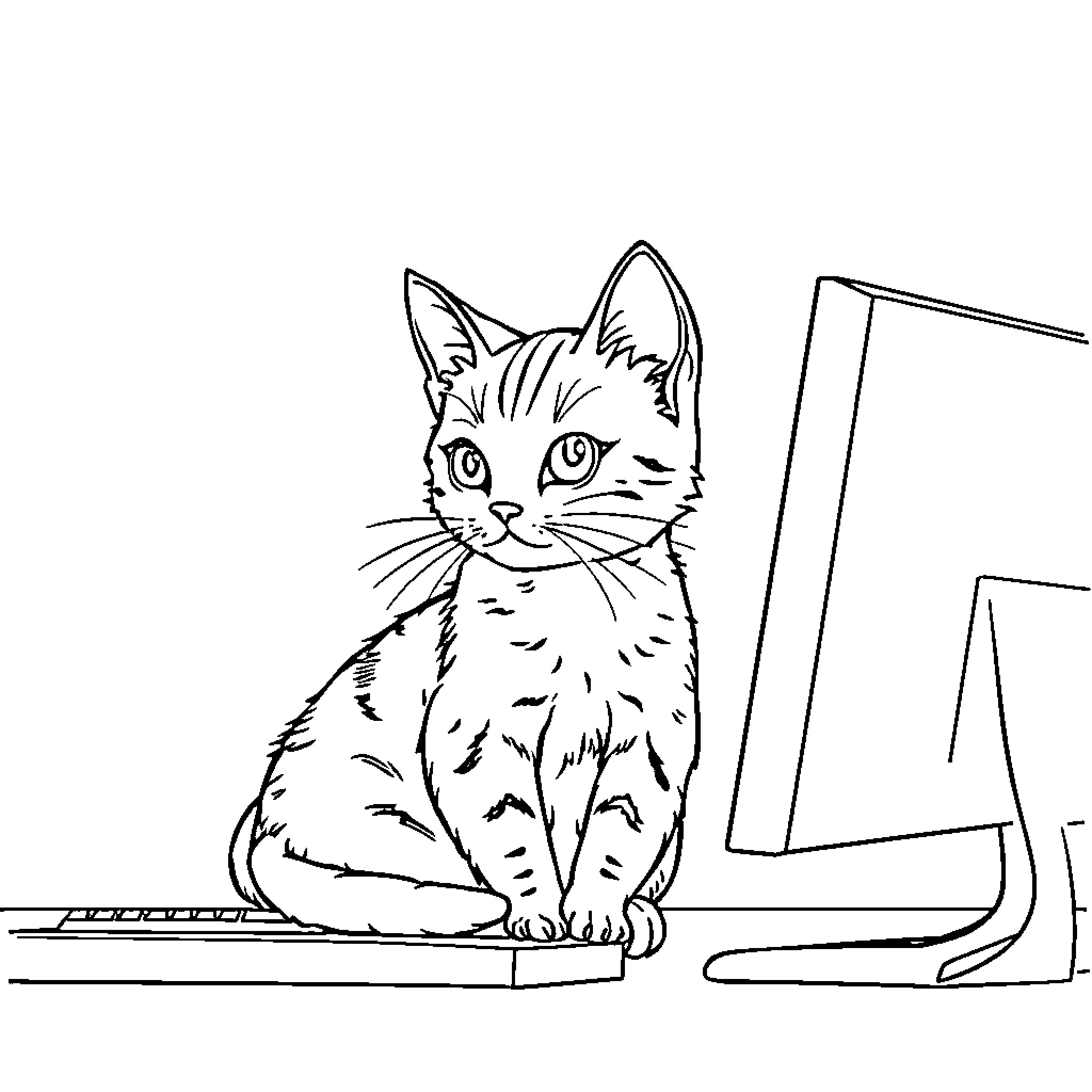 Kitten Sitting Curiously Near Computer Coloring Page (free black-and-white line drawing printable PDF for all, from beginners to advanced learners, including children, teens, adults, and seniors)