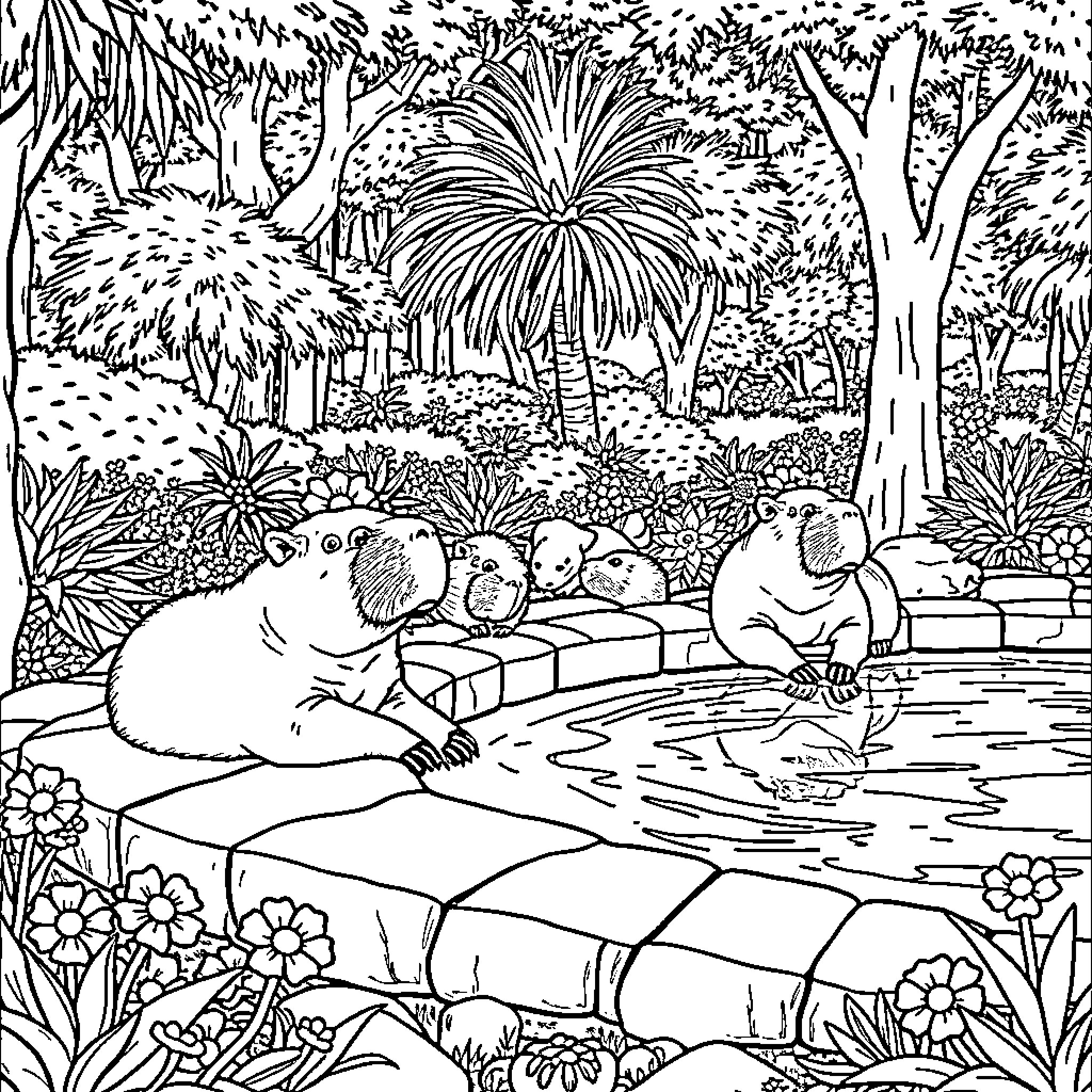 Capybara enjoying a relaxing day at the pond Coloring Page (free black-and-white line drawing printable PDF for all, from beginners to advanced learners, including children, teens, adults, and seniors)