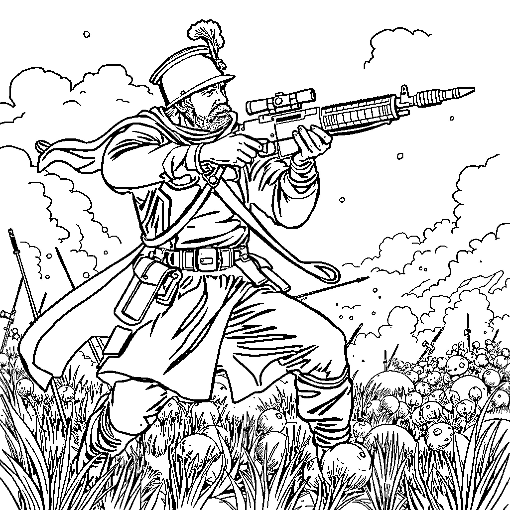 Soldier in combat stance with futuristic weapon Coloring Page (free black-and-white line drawing printable PDF for all, from beginners to advanced learners, including children, teens, adults, and seniors)