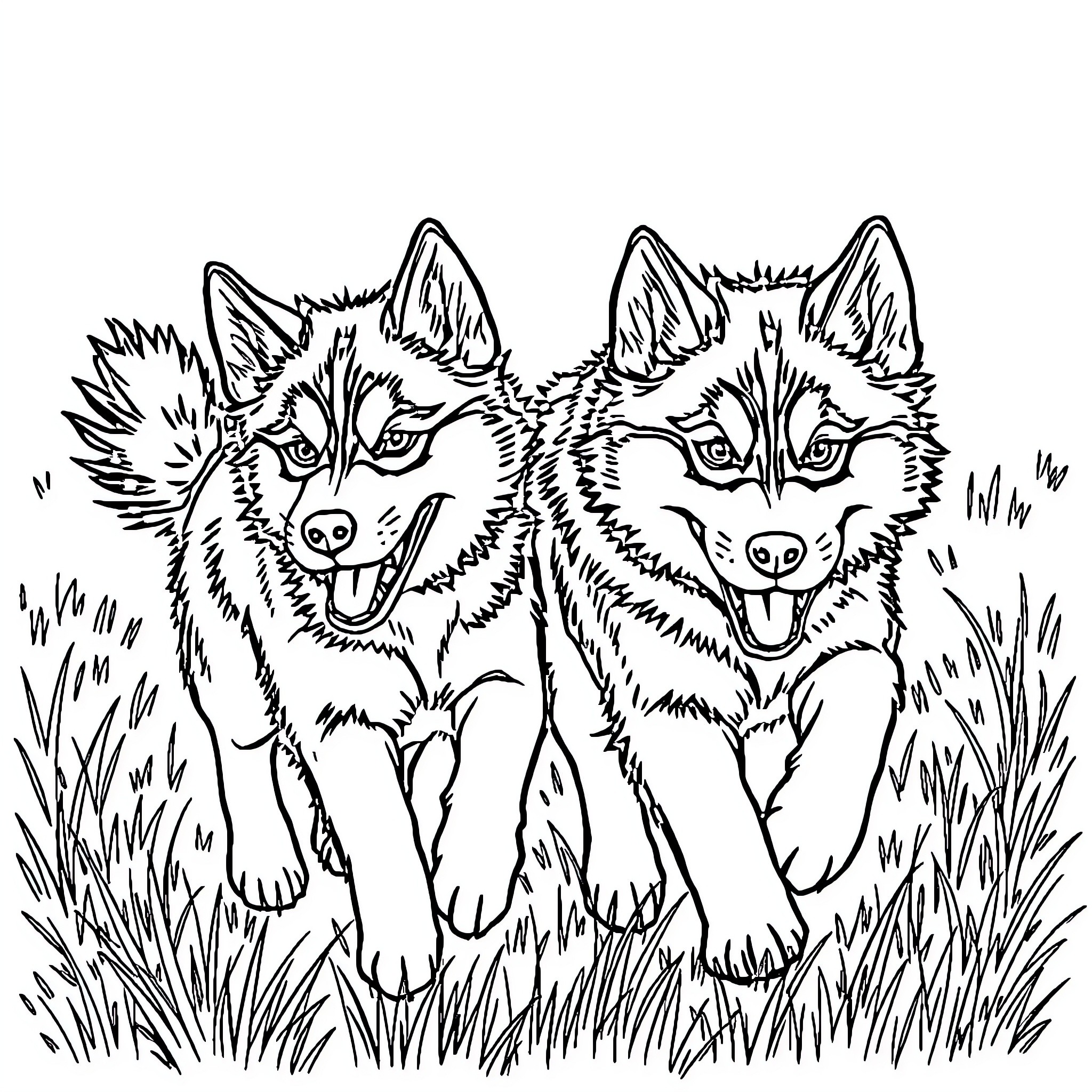 Husky dogs playing happily in the grass Coloring Page (free black-and-white line drawing printable PDF for all, from beginners to advanced learners, including children, teens, adults, and seniors)