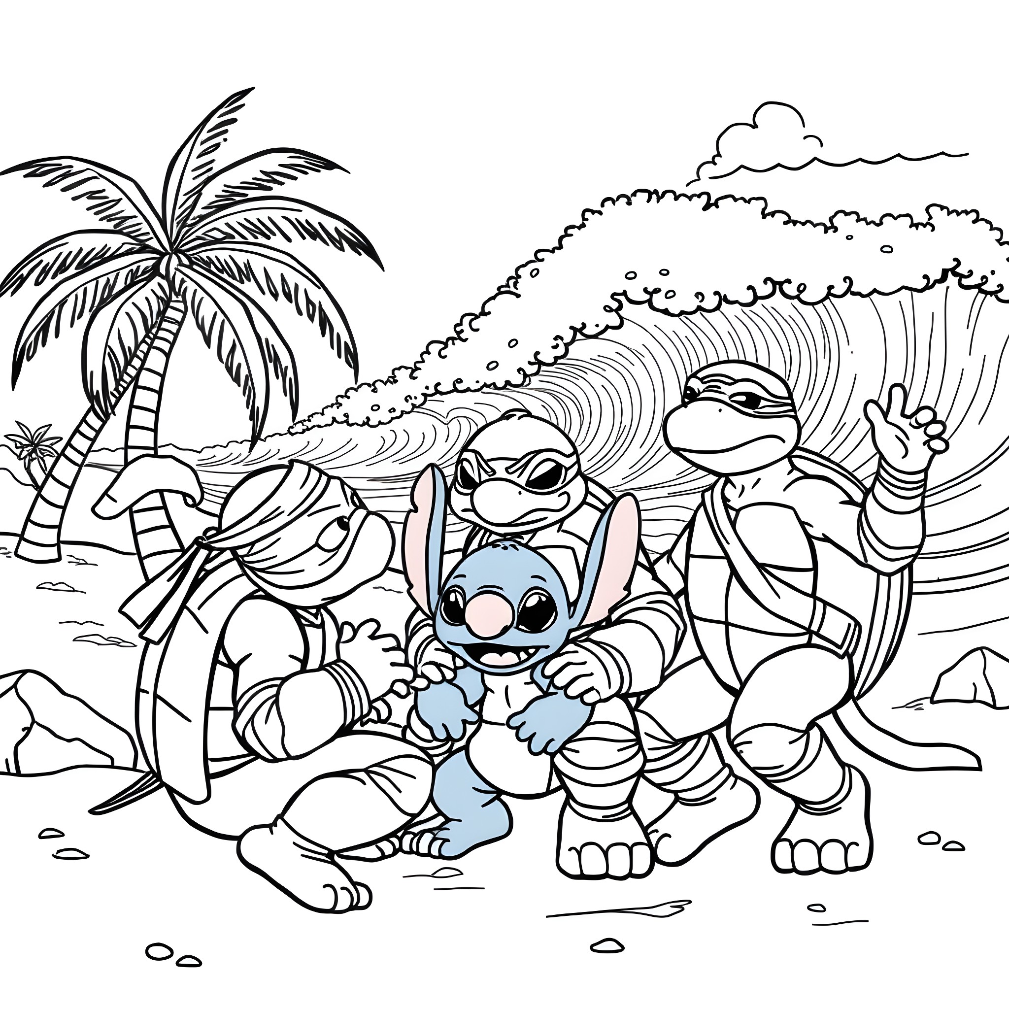 Teenage Mutant Ninja Turtles enjoying the beach Coloring Page (free black-and-white line drawing printable PDF for all, from beginners to advanced learners, including children, teens, adults, and seniors)