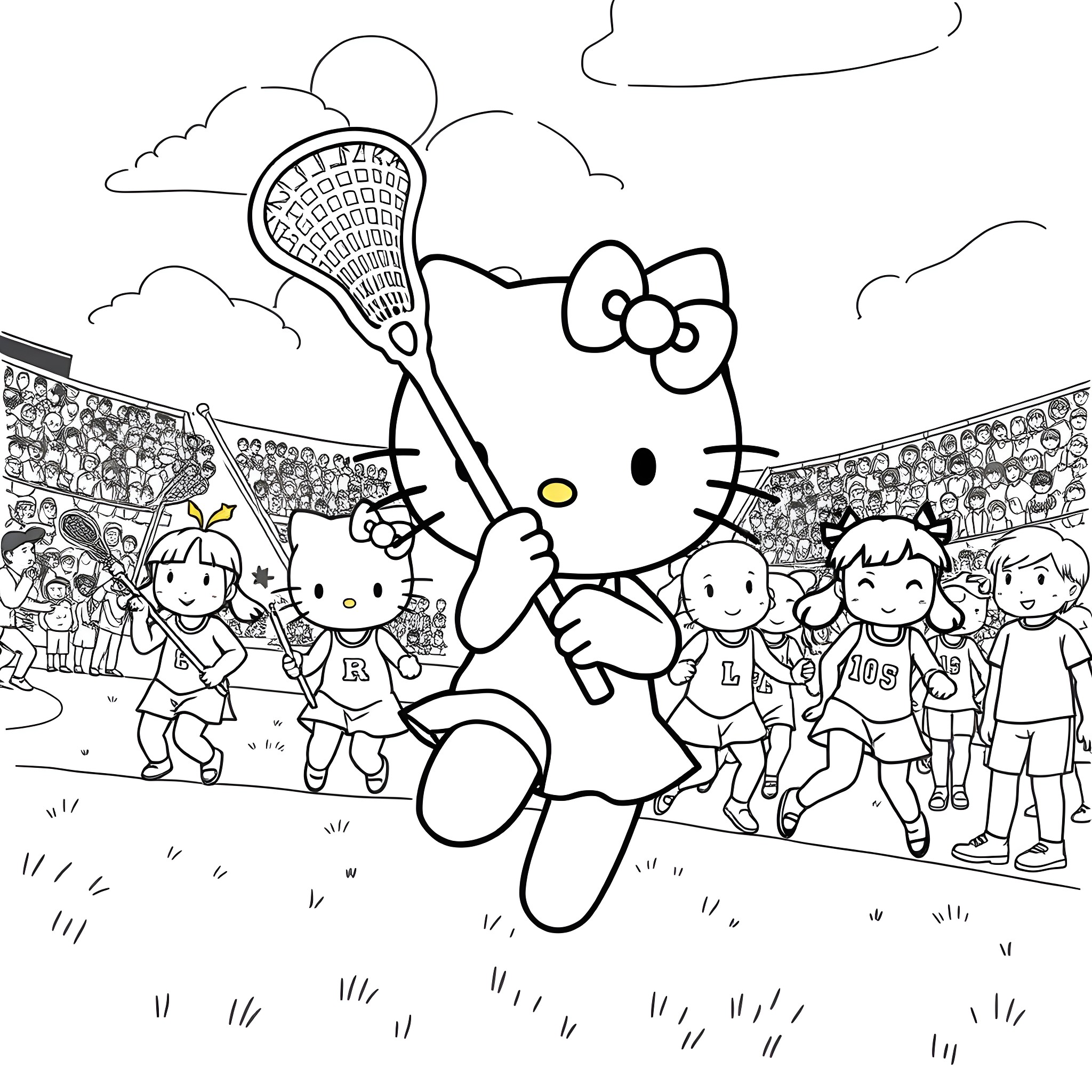 Hello Kitty playing lacrosse with children on field Coloring Page (free black-and-white line drawing printable PDF for all, from beginners to advanced learners, including children, teens, adults, and seniors)