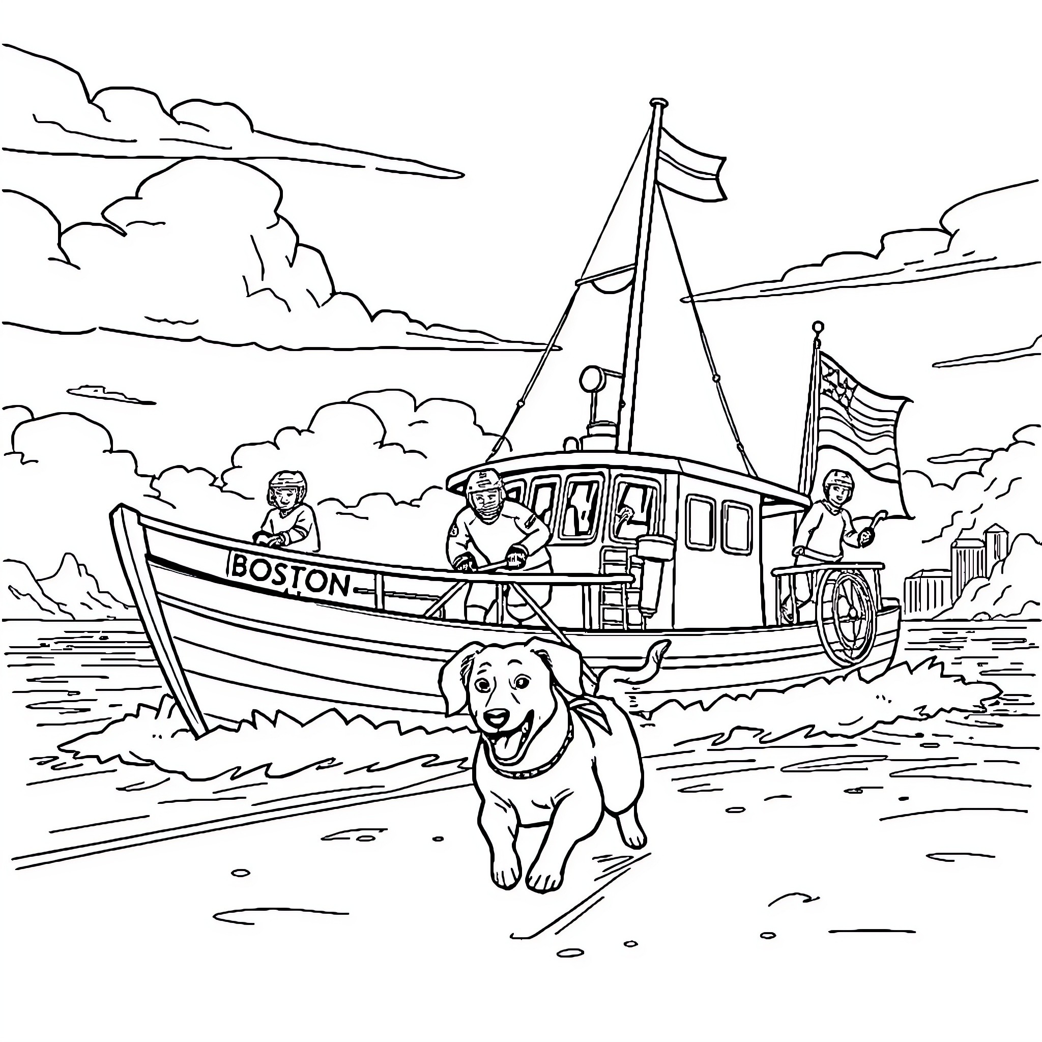 Dog on a Boat with People in the Harbor Coloring Page (free black-and-white line drawing printable PDF for all, from beginners to advanced learners, including children, teens, adults, and seniors)