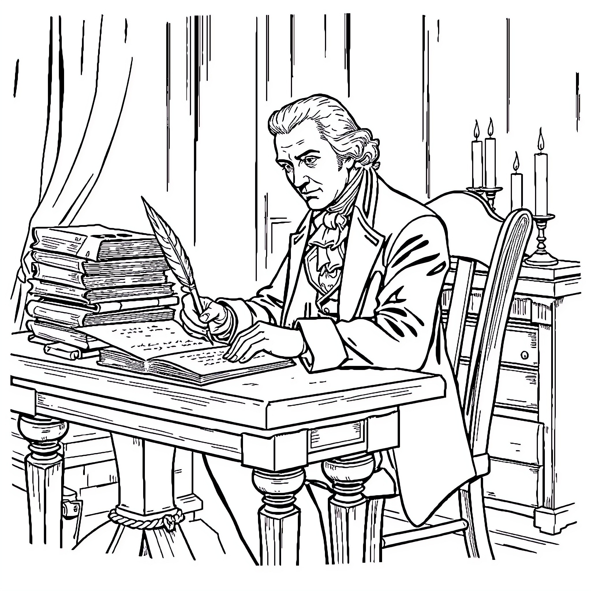 Alexander Hamilton writing intently at his desk Coloring Page (free black-and-white line drawing printable PDF for all, from beginners to advanced learners, including children, teens, adults, and seniors)