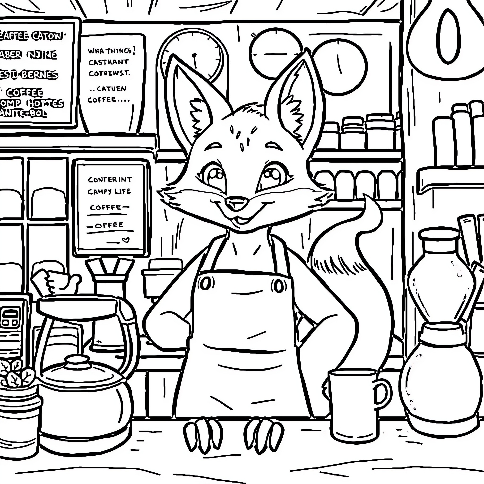 Fox working at a coffee shop Coloring Page (free black-and-white line drawing printable PDF for all, from beginners to advanced learners, including children, teens, adults, and seniors)