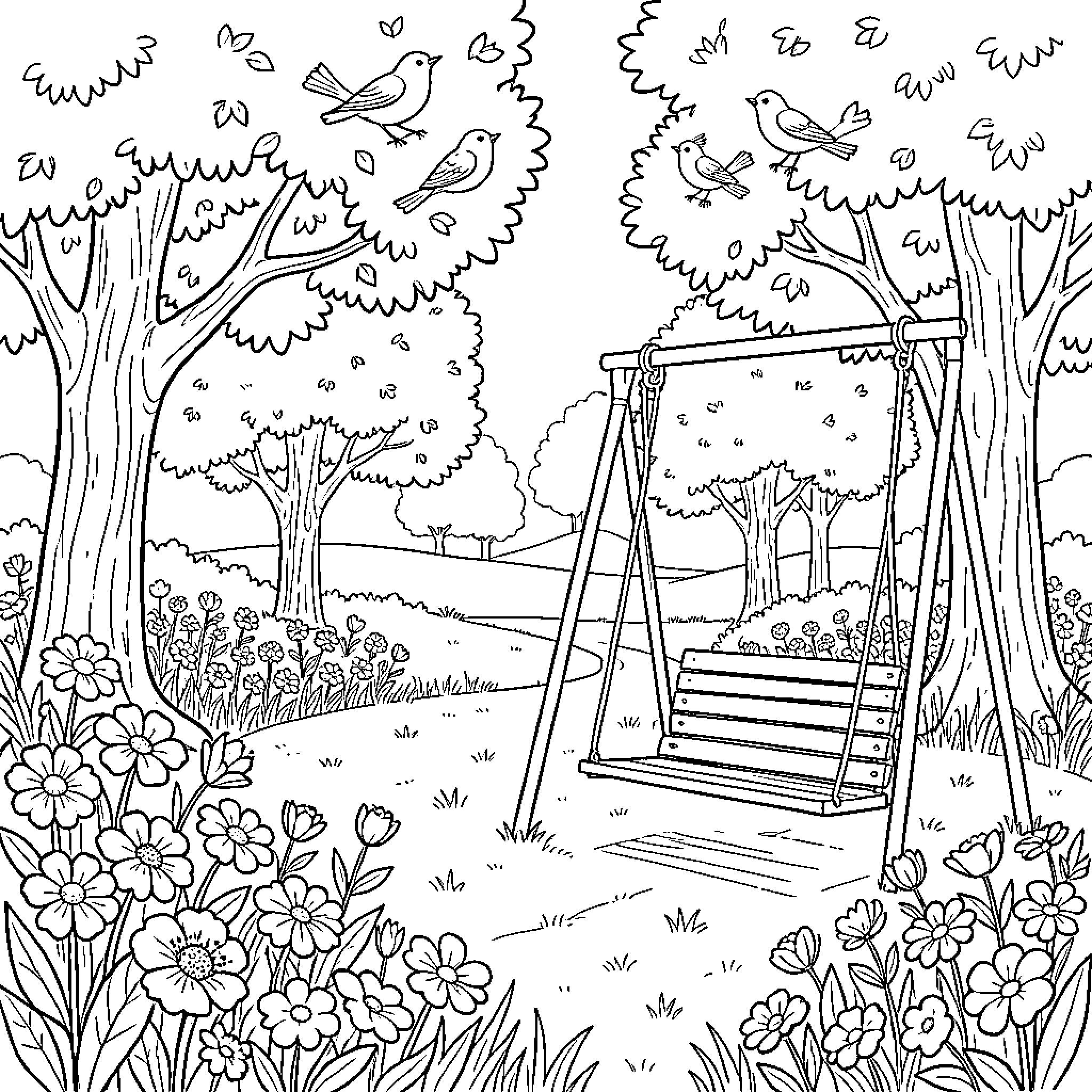 Flower garden with birds perched in leafy trees Coloring Page (free black-and-white line drawing printable PDF for all, from beginners to advanced learners, including children, teens, adults, and seniors)