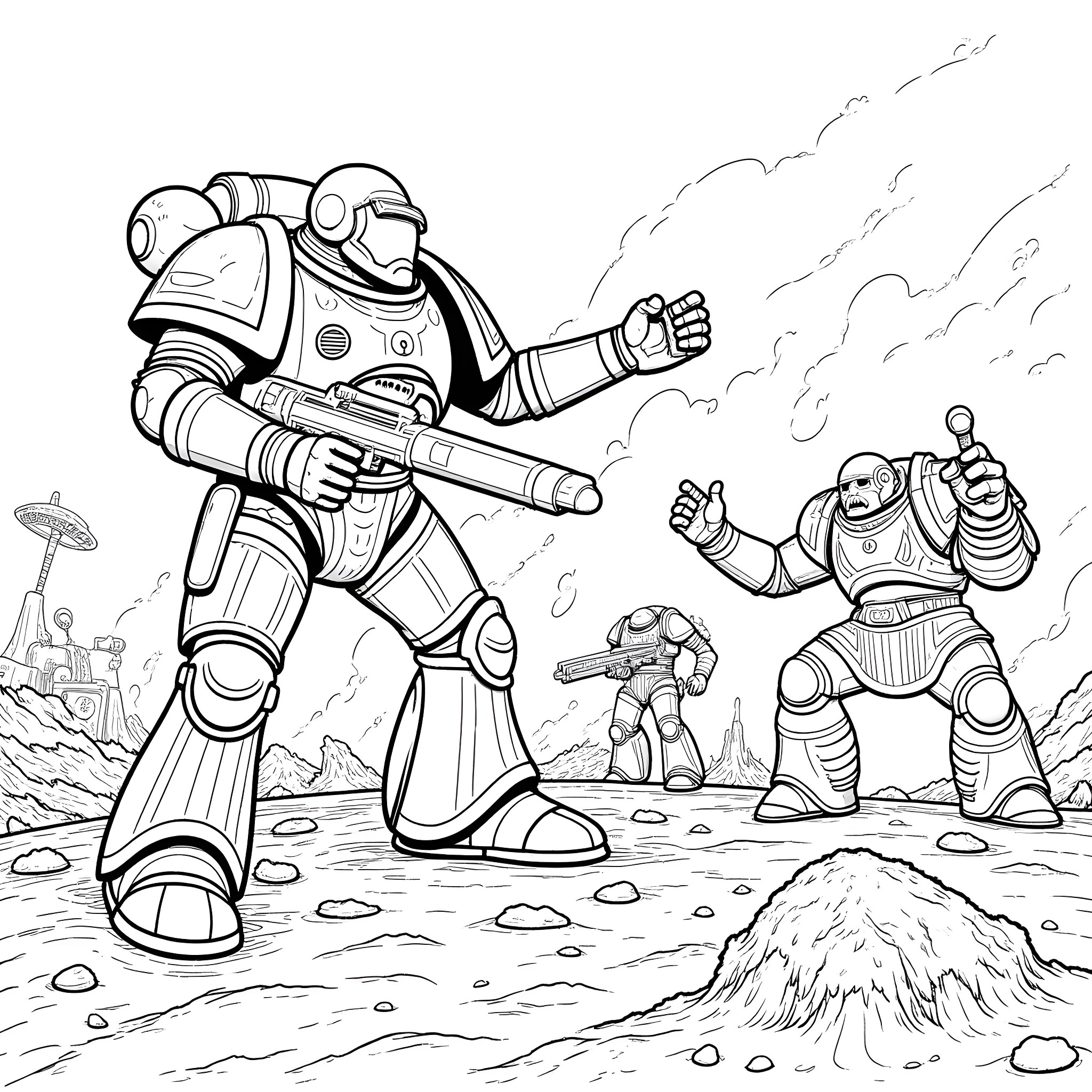 Space Marines battling in an alien landscape Coloring Page (free black-and-white line drawing printable PDF for all, from beginners to advanced learners, including children, teens, adults, and seniors)