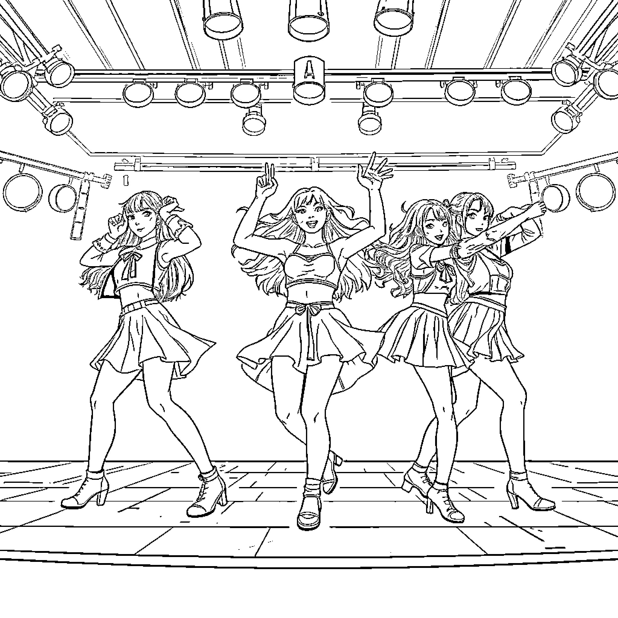 Kpop Warriors Performing with Energetic Choreography Coloring Page (free black-and-white line drawing printable PDF for all, from beginners to advanced learners, including children, teens, adults, and seniors)
