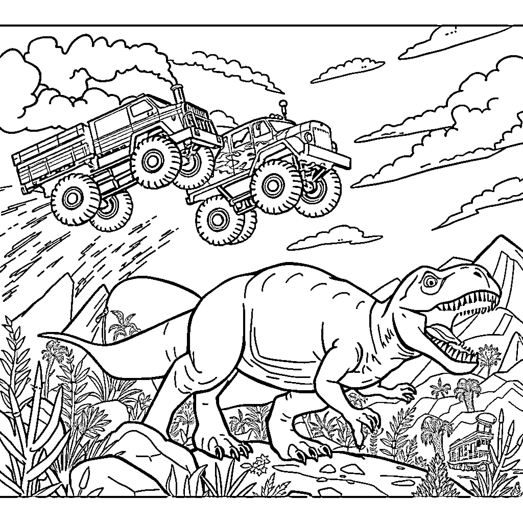 Train Transporting Heavy Cargo Through Prehistoric Landscape Coloring Page (free black-and-white line drawing printable PDF for all, from beginners to advanced learners, including children, teens, adults, and seniors)