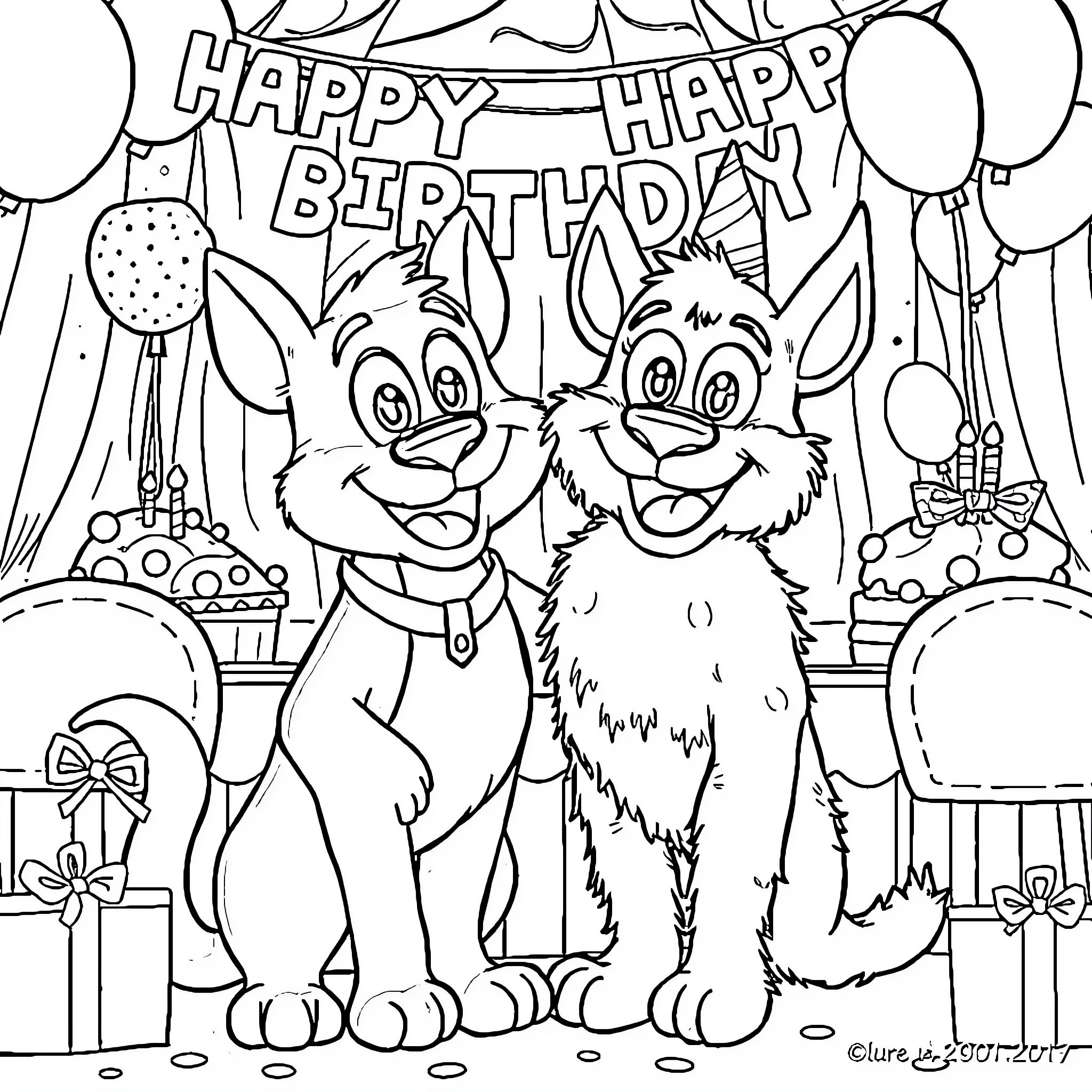 Bluey and Friends Celebrate Happy Birthday Coloring Page (free black-and-white line drawing printable PDF for all, from beginners to advanced learners, including children, teens, adults, and seniors)