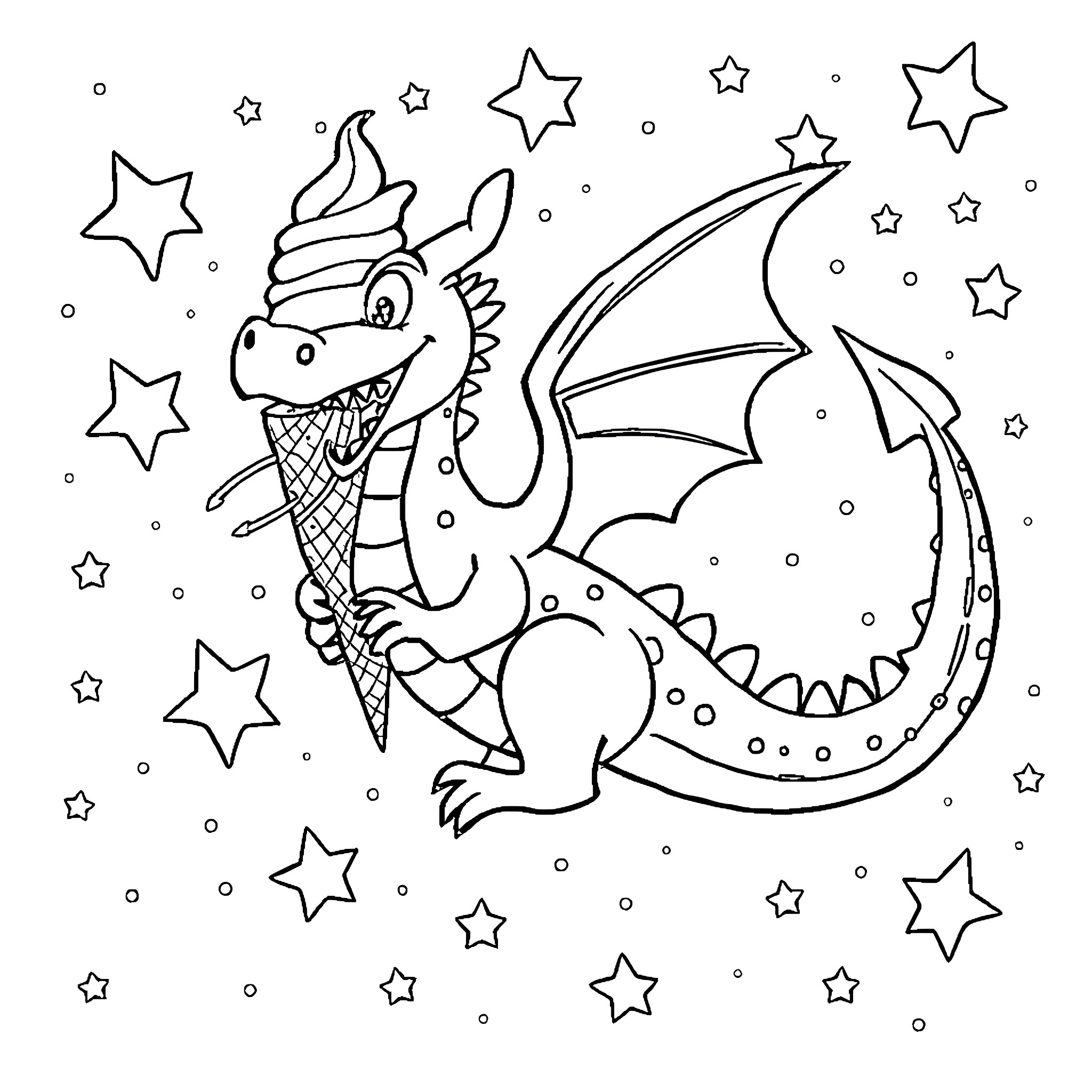 Dragon enjoying ice cream under the starry sky Coloring Page (free black-and-white line drawing printable PDF for all, from beginners to advanced learners, including children, teens, adults, and seniors)