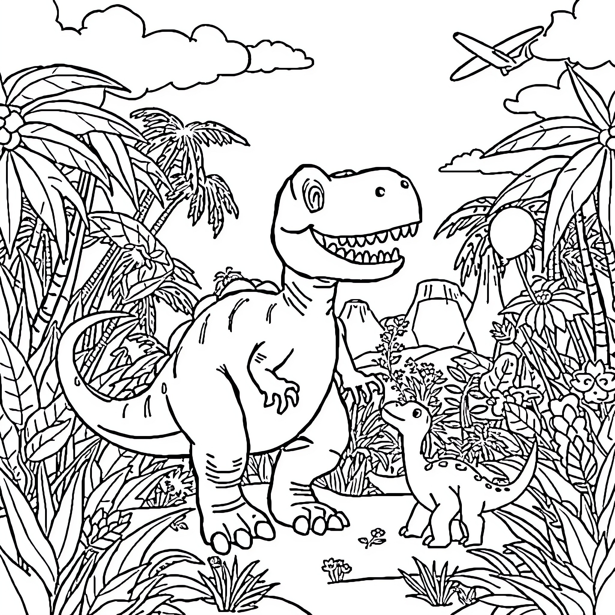 Dinosaurs roaming in a lush jungle landscape Coloring Page (free black-and-white line drawing printable PDF for all, from beginners to advanced learners, including children, teens, adults, and seniors)