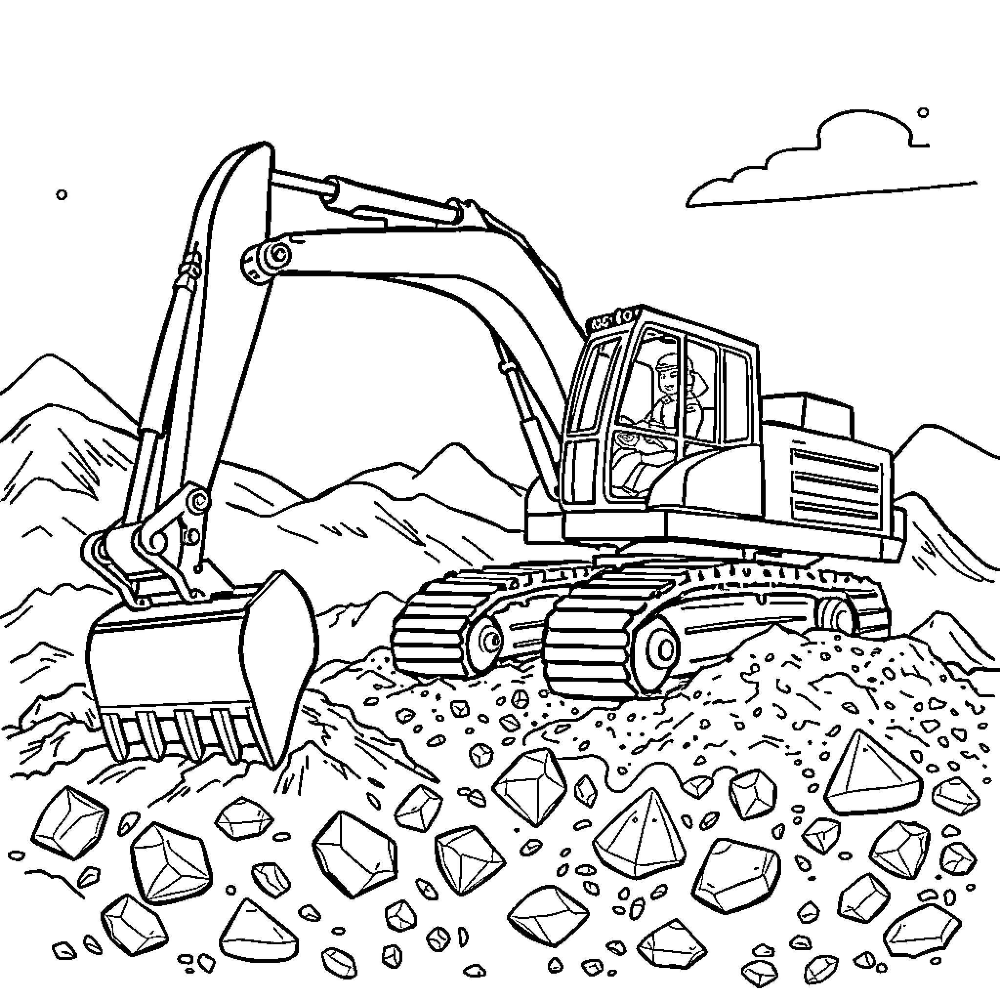 Excavator working on construction site with mountains Coloring Page (free black-and-white line drawing printable PDF for all, from beginners to advanced learners, including children, teens, adults, and seniors)