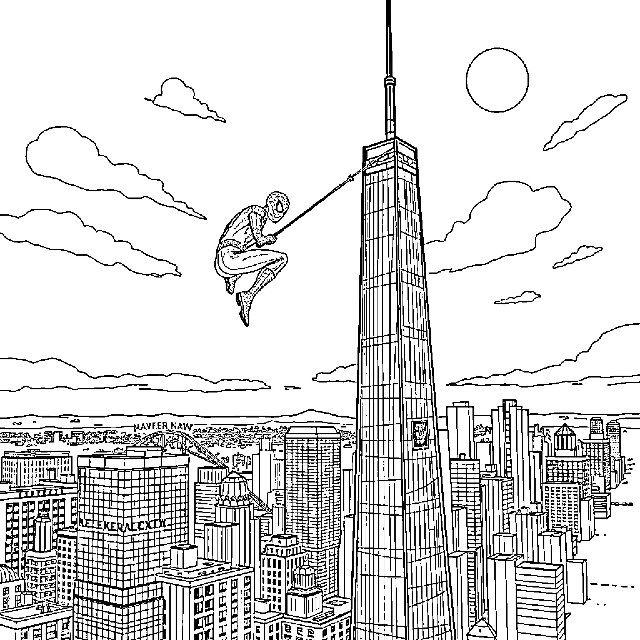 Spider-Man Swinging Through the City Skyline Coloring Page (free black-and-white line drawing printable PDF for all, from beginners to advanced learners, including children, teens, adults, and seniors)