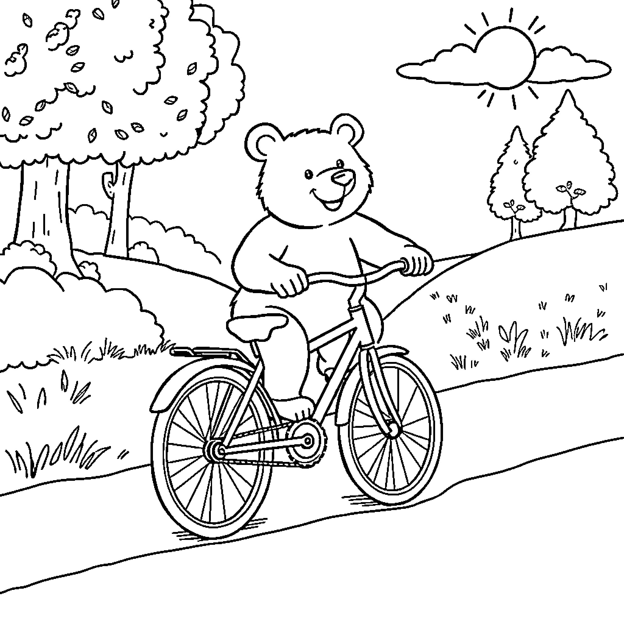 Bear riding a bicycle in a scenic outdoor setting Coloring Page (free black-and-white line drawing printable PDF for all, from beginners to advanced learners, including children, teens, adults, and seniors)