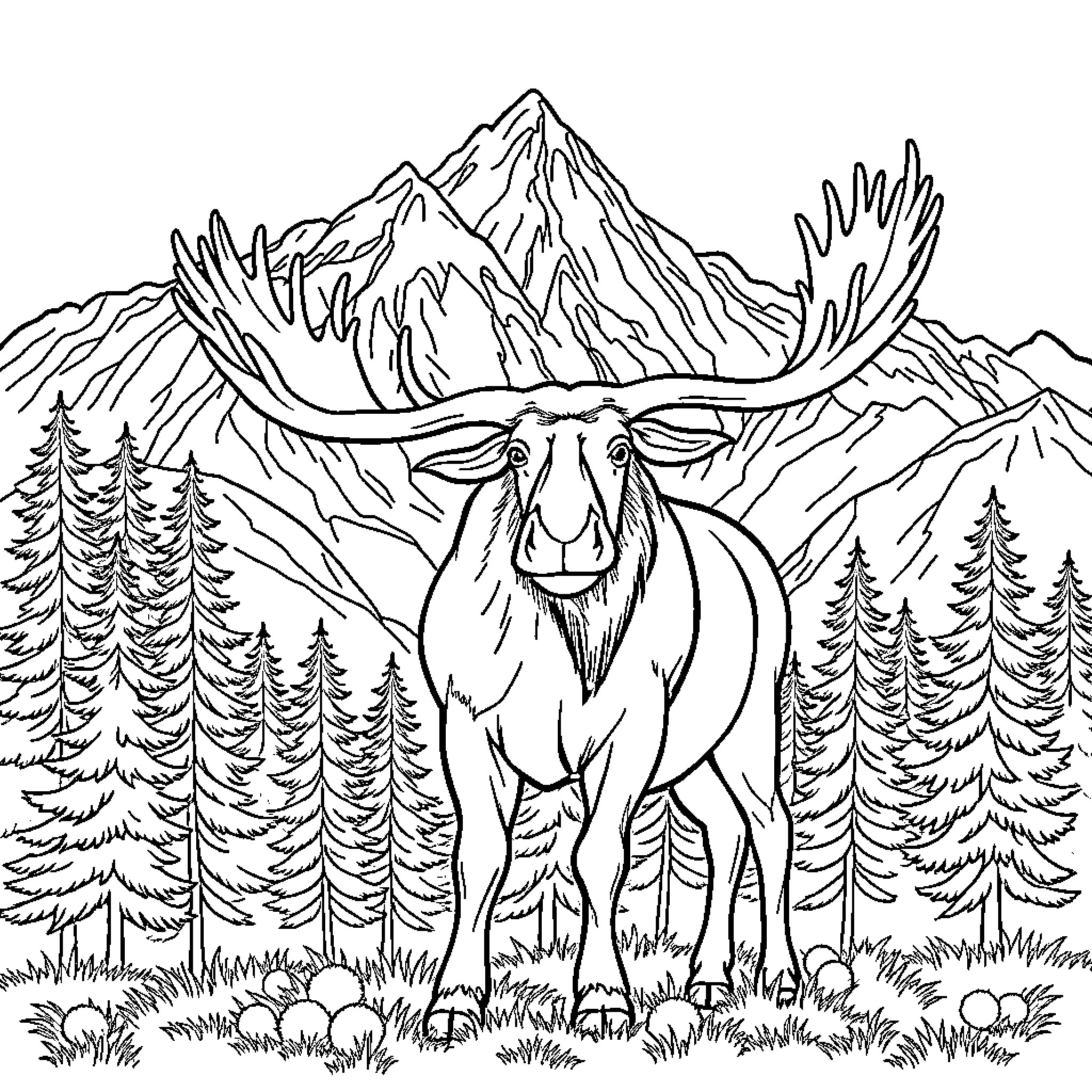 Moose standing majestically in the wilderness Coloring Page (free black-and-white line drawing printable PDF for all, from beginners to advanced learners, including children, teens, adults, and seniors)